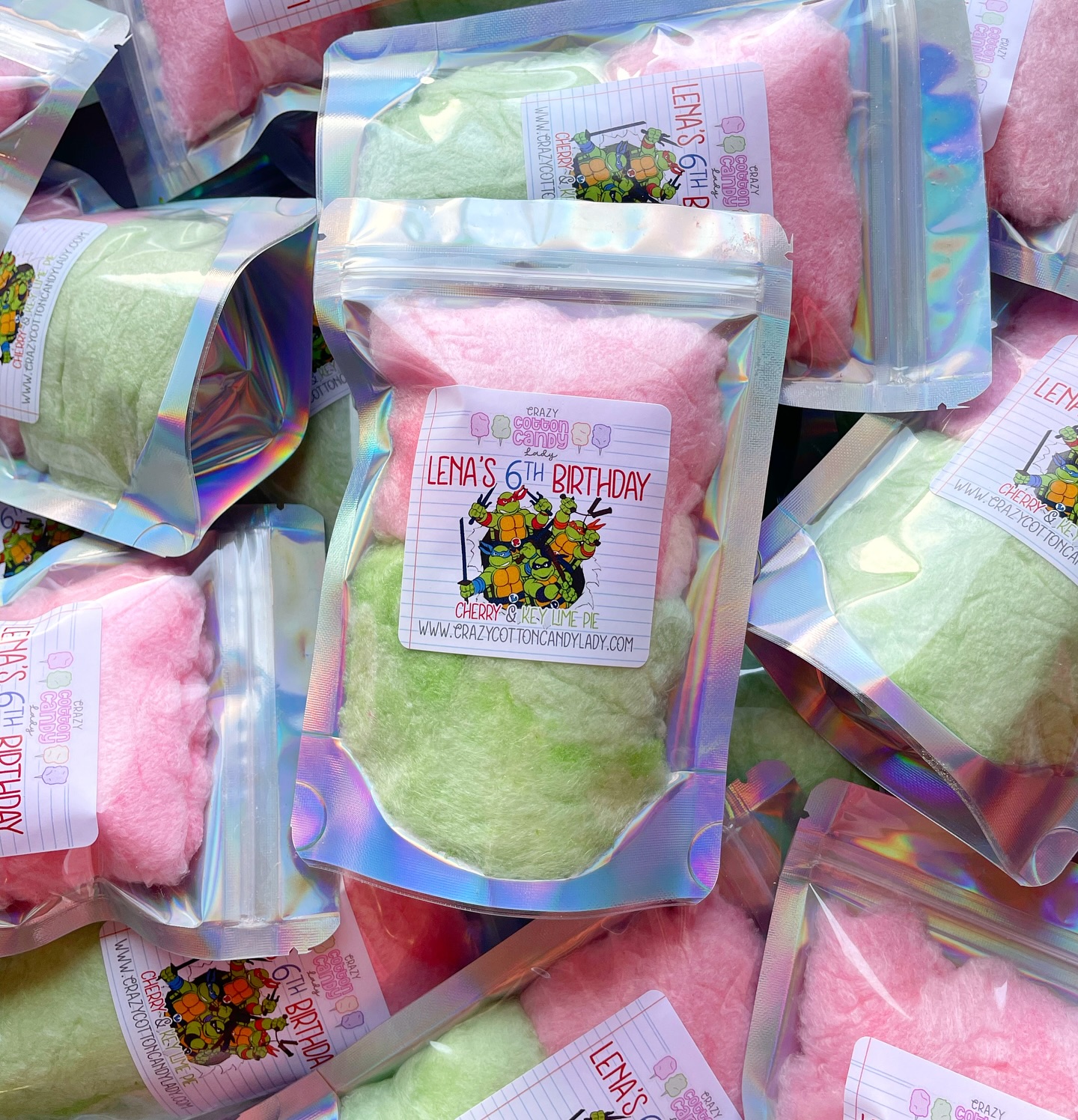 ❤️💚Teenage Mutant Ninja Turtles
Cherry & Keylime Pie
Custom favors to match your kids birthday theme. Plus they are allergy friendly so everyone can enjoy.
Best to order 3 weeks ahead to ensure the flavors you want can be made in time for your event.
CrazyCottonCandyLady.com
#teenagemutantninjaturtle #crazycottoncandylady #cottoncandy #madeinvt #customfavors #custombirthdayfavors