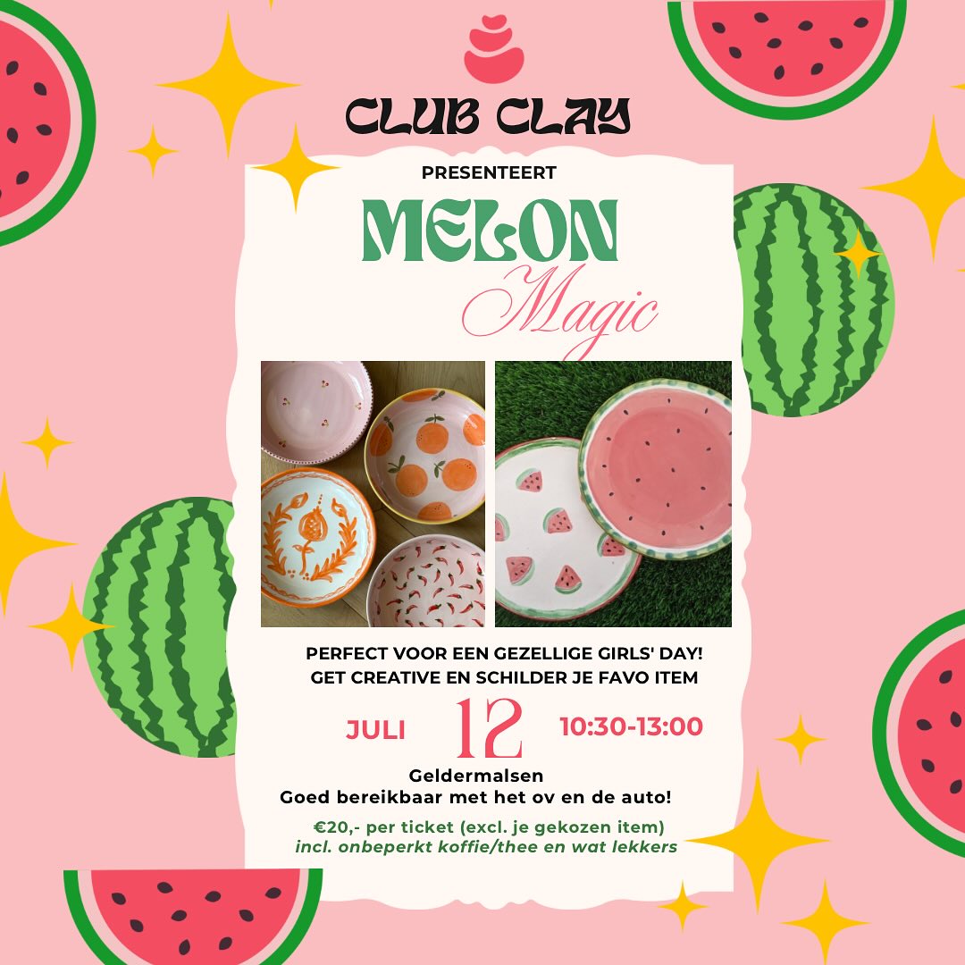 🍉✨ MELON MAGIC is on!
Vandaag staat alles in het teken van frisse kleuren, juicy creaties en summer vibes all over 🎨☀️
Van watermeloentjes tot roze tinten, of helemaal wat je zelf wil, het wordt één grote party aan tafel 💕
📍Live in Geldermalsen. Wil jij volgende keer meedoen?
Check de nieuwe data op de website & join the fun!
#clubclay #melonmagic #zomersworkshop #keramiekschilderen #vriendinnenuitje #creativegirls #paintandvibe #diykeramiek