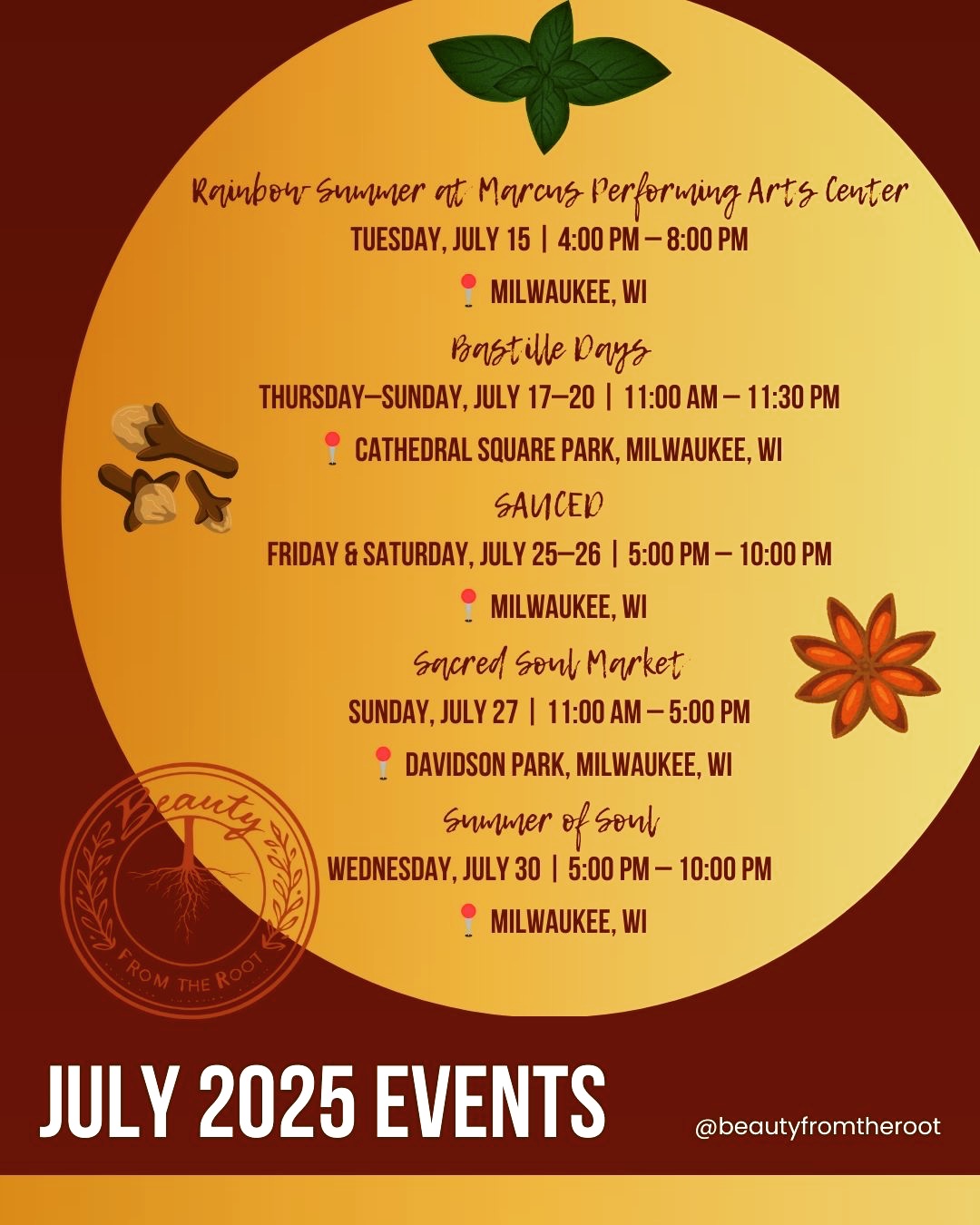 🌿 Beauty from the Root x July 2025 Events 🌿
Join us this July for a vibrant lineup of community events, wellness pop-ups, and markets celebrating holistic beauty, local creativity, and soulful connection. Here's where you can find us: #beautyfromtheroot #vegan #July #events #milwaukee #soap #ayurveda