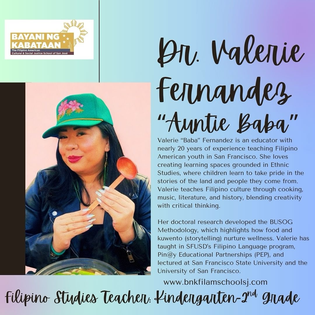 We’re proud to introduce our amazing Bayani ng Kabataan Summer 2025 Teachers! 🌞📚🇵🇭
👩🏽🏫 Dr. Valerie “Auntie Baba” Fernandez (K–2)
Veteran SF educator blending Ethnic Studies, food, music, and storytelling to help youth connect with their roots.
👩🏽🏫 Cathleen “Ate Cat” Escolta (3–5)
Ilokano & Tagalog teacher from Salinas, PEP educator, and passionate Ethnic Studies advocate.
👩🏽🏫 Kiana “Ate Kiana” Star Signey (6–8)
Educator and storyteller with deep roots in FilAm Studies—ready to explore identity, culture, and art with our youth!
👩🏽🏫 Neri “Tita Neri” Miranda (Filipino Language)
Pampanga native, language teacher, composer, and faith-based educator supporting immigrant communities across the Bay.
Tomorrow is the last day to register for Bayani ng Kabataan’s Summer Program. Register now at www.bnkfilamchoolsj.com.
#bnkfilamschoolsj #filipinoamerican #filamchildren #filamschool #bayaningkabataan #childrenheroes #filameducation #k-8filamschool #elementaryagechildren #culturalschool #summerprogram #filipinoschool #knowhistoryknowself #nohistorynoself #payitforward #nextgenerationfilams #filamyouth #proudfilipinx