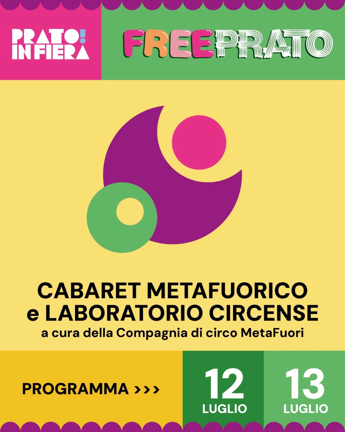 🎪 Weekend di circo contemporaneo a Prato in Fiera!
Ecco tutti i dettagli dei due appuntamenti:
Sabato 12 luglio, alle 21.15, arriva Cabaret Metafuorico di @metafuori: acrobazie, teatro e musica dal vivo in un’atmosfera poetica e surreale.
Dalle 19.00 food truck di @osteriacanova.
Domenica 13 luglio, dalle 10.00 alle 12.00, laboratorio circense per bambini, bambine, ragazzi e ragazze dai 5 anni in su, sempre con @metafuori.
🎟️ Partecipazione gratuita, con offerta responsabile.
💚 Il tuo contributo consapevole aiuta a far crescere questo progetto.
🚲 Se puoi, raggiungi il prato a piedi o in bicicletta.
Prenota su www.pratoinfiera.it.
In caso di pioggia, lo spettacolo di sabato sarà recuperato domenica.
#PratoinFiera #Freeprato