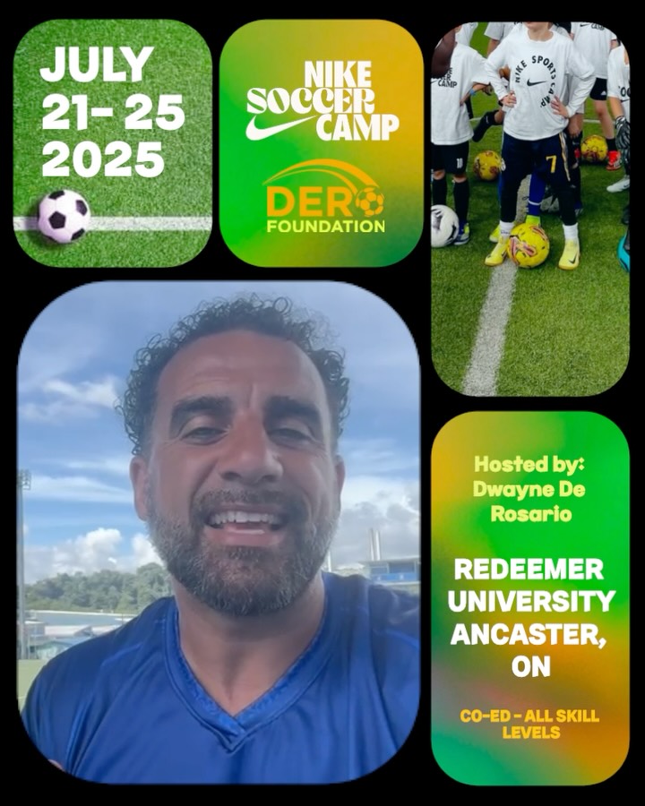 Time is running out to sign up for another incredible summer sports camp hosted by @dwaynedero at Redeemer University in Ancaster, ON from July 21 - 25! ⚽️🔥
Sign up now to secure the opportunity to train alongside FIFA 2026 Ambassador and soccer legend DeRo with some special guests, coaches and nutritious food to fuel future soccer stars 🌟
#derofoundation #TrainWithDeRo #NikeSoccerCamp #YouthSoccer #SoccerCamp #HamiltonSoccer #AncasterSoccer #SportsCampsCanada #DwayneDeRo #Bradford #Grimsby #burlington #soccer #soccercamp #summersoccer