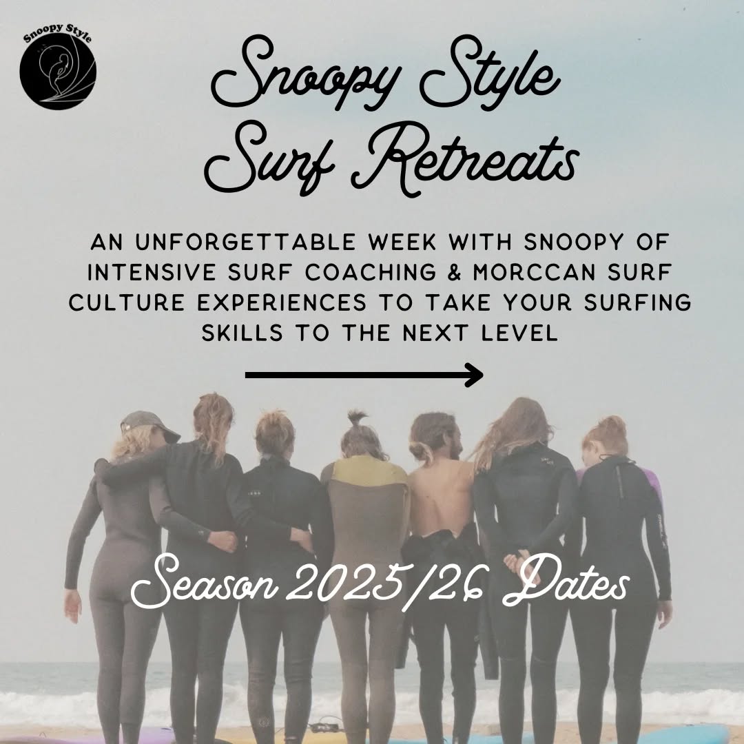 New dates for our Snoopy Style Surf Retreats!
After an epic season of Surf Retreats, we've lined up new dates for next season for any surfer ready to take their surfing skills to the next level. An intensive week of coaching with Snoopy, staying at our stunning Surf Villa, with exclusive experiences...it's an unforgettable immersion into the incredible Moroccan surf culture.
And Earlybird Prices are up now!
Spaces are limited and selling fast already, so secure your spot with a 30% deposit now.
See you soon surfers!
#snoopystyle #surfretreats #surfers #winter #taghazout #surf #coaching #morocco #surftrip #retreat