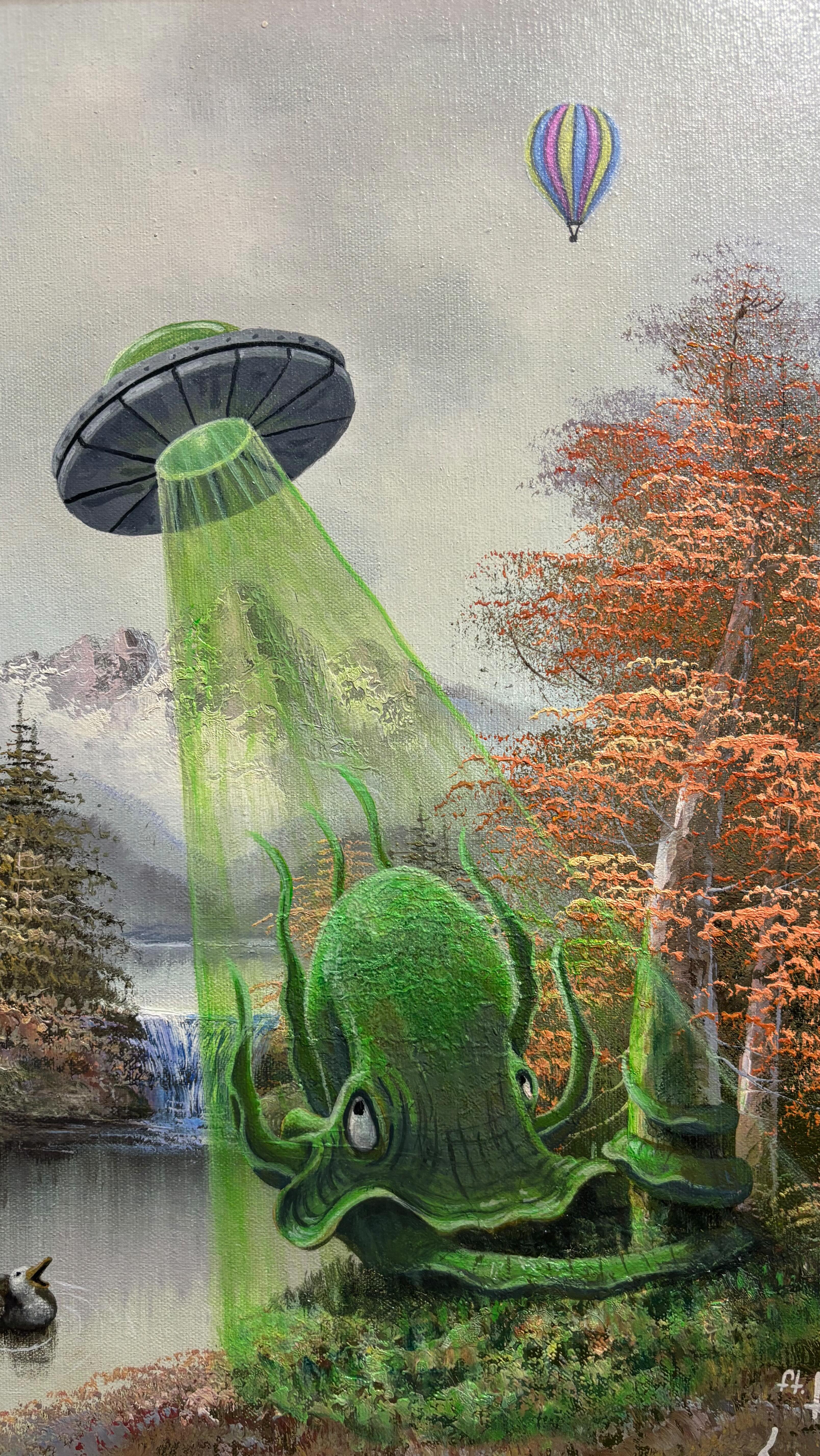 Abductopus - 12x16 - Mixed Media. another hijacked painting for the books. Sometimes I set for so long and think about what to add to a painting. And other times I just go for it and am brought along on the journey. This one is definitely the latter. Abuctopus is ready for the @yegartwalk this Friday-Sunday 10am-5pm. Same spot as usual. And the painting will also go live on my website July 11 for the art drop. #octopus #yegart #thriftstoreart #edmontonart #revamp #abduction #alien #ufoart #ufoart #aliens #octopusart