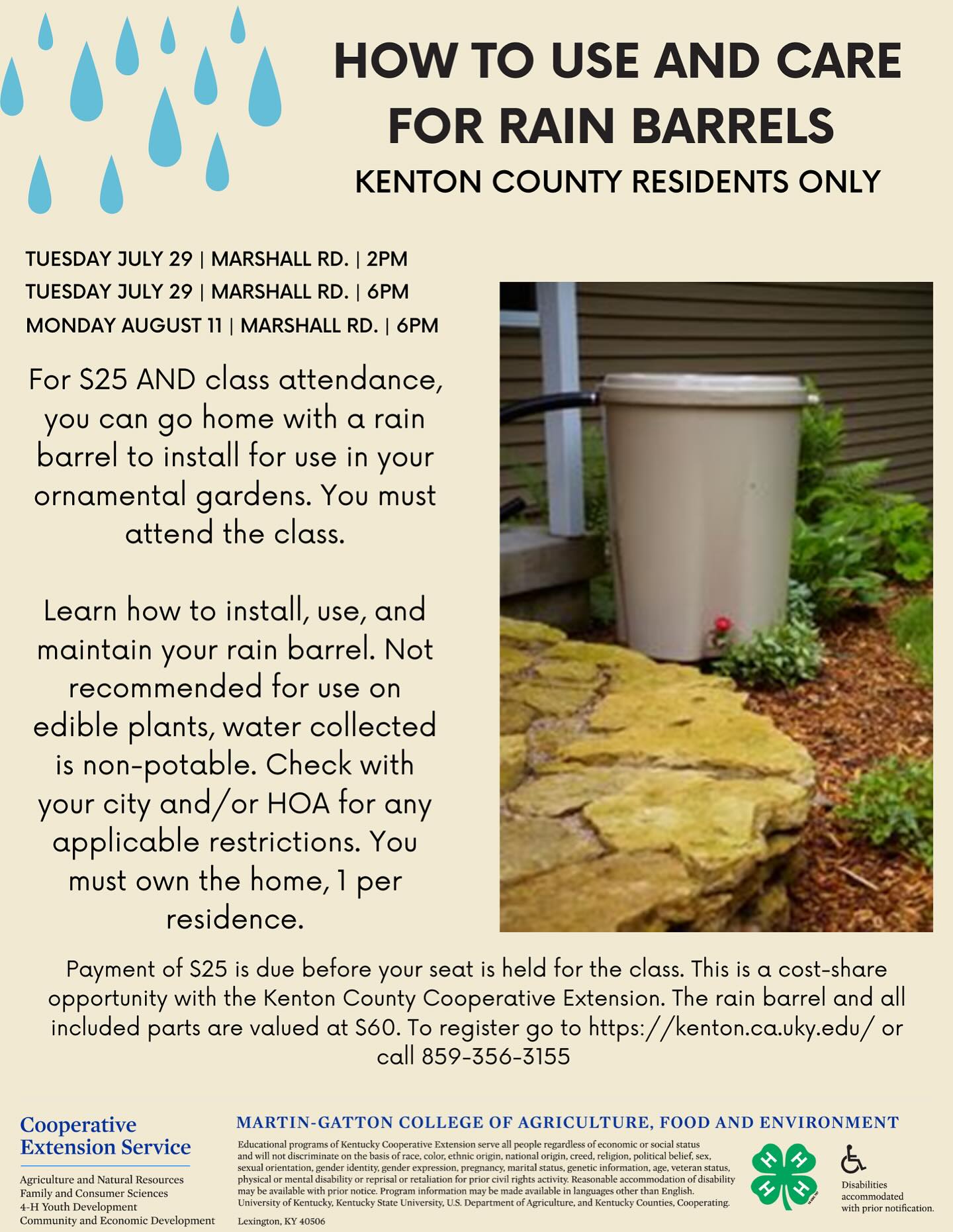 Kenton County residents are invited to register for an informational rain barrel class hosted by the Kenton County Cooperative Extension. Class attendees go home with their own rain barrel!! The registration link can be found in our bio.