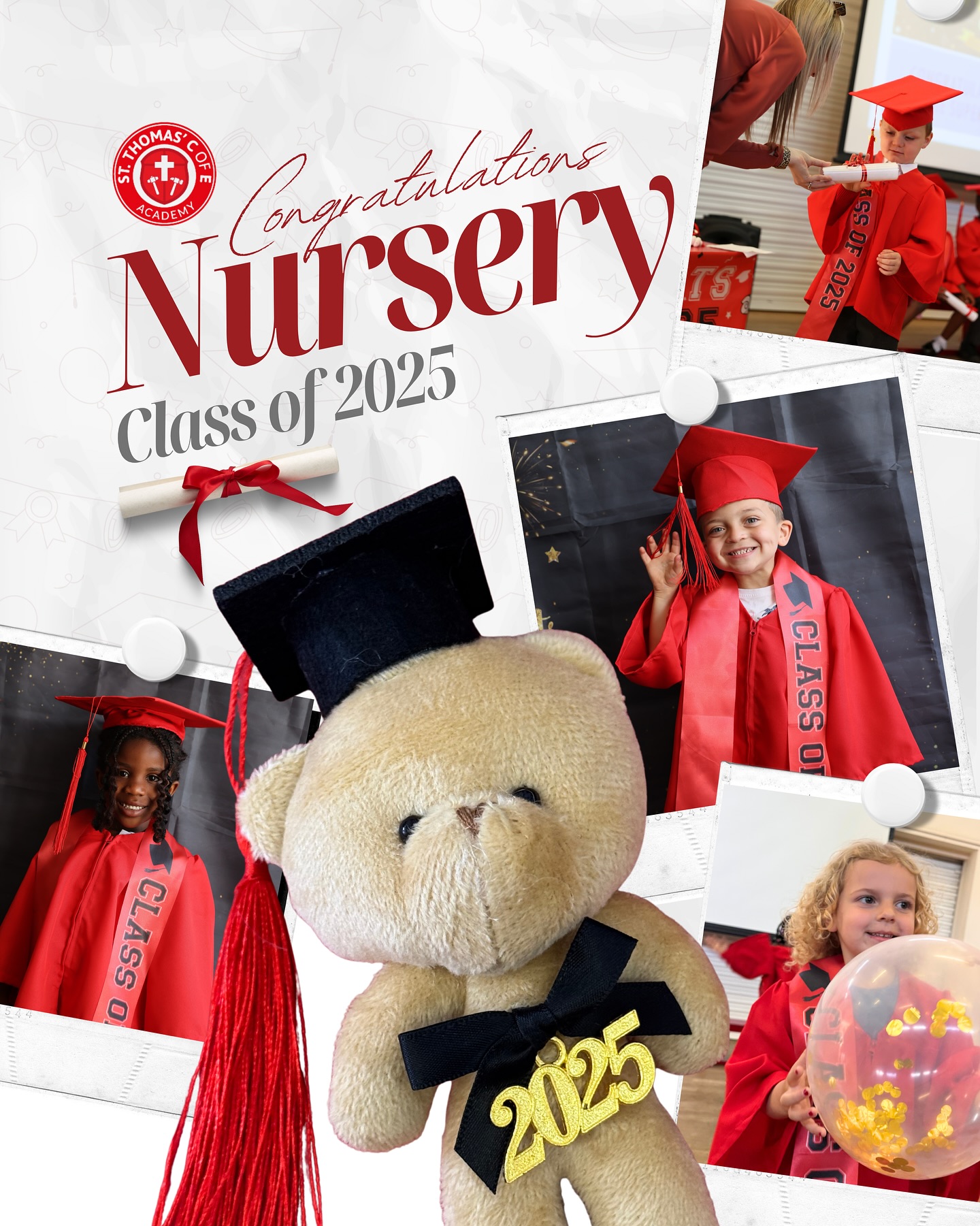 “This week, the first Nursery class ever at St Thomas’ graduated! They enjoyed a fantastic celebration and we are very proud of them. We look forward to opening our new Nursery building in September 2025.” – Mrs Beardsley 🎈🎓