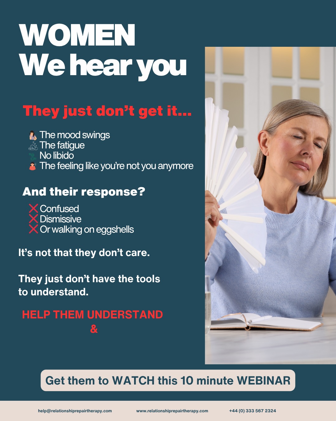 Your partner seems… confused.
Dismissive. Maybe even distant.
But here’s the truth:
❌ It’s not that they don’t care.
✅ It’s that they don’t have the tools to understand.
That’s why I created a simple, powerful 10-minute webinar for men:
So they can finally get it.
So you don’t have to keep carrying this alone.
Help them understand what’s really going on—without blame, shame, or more silence.
Send them the link. Watch it together. It might change everything.
#menopause #midlifemarriage #relationshiprepair #midlifemen #realtalk #womenwellbeing