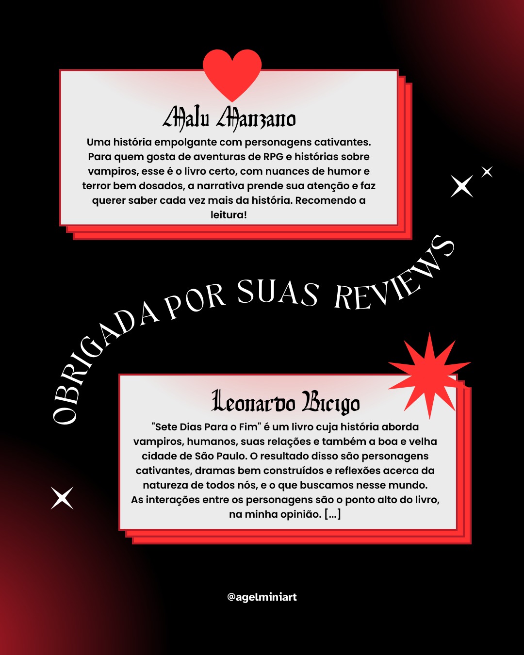 𝕽𝖊𝖛𝖎𝖊𝖜𝖘
As reviews que Sete Dias para o Fim coletou até hoje!
Obrigada à todos que tiraram um pouco de seu tempo para avaliar e contar um pouco de sua experiência lendo.
Lembrando que quem ainda não fez sua avaliação, pode fazer na Amazon ou no site oficial do livro no link da bio!
𝕺𝖇𝖗𝖎𝖌𝖆𝖉𝖆 🖤
#livro #vampiros #vamp #vampiro #instabook #bookstagram #bookreviewer