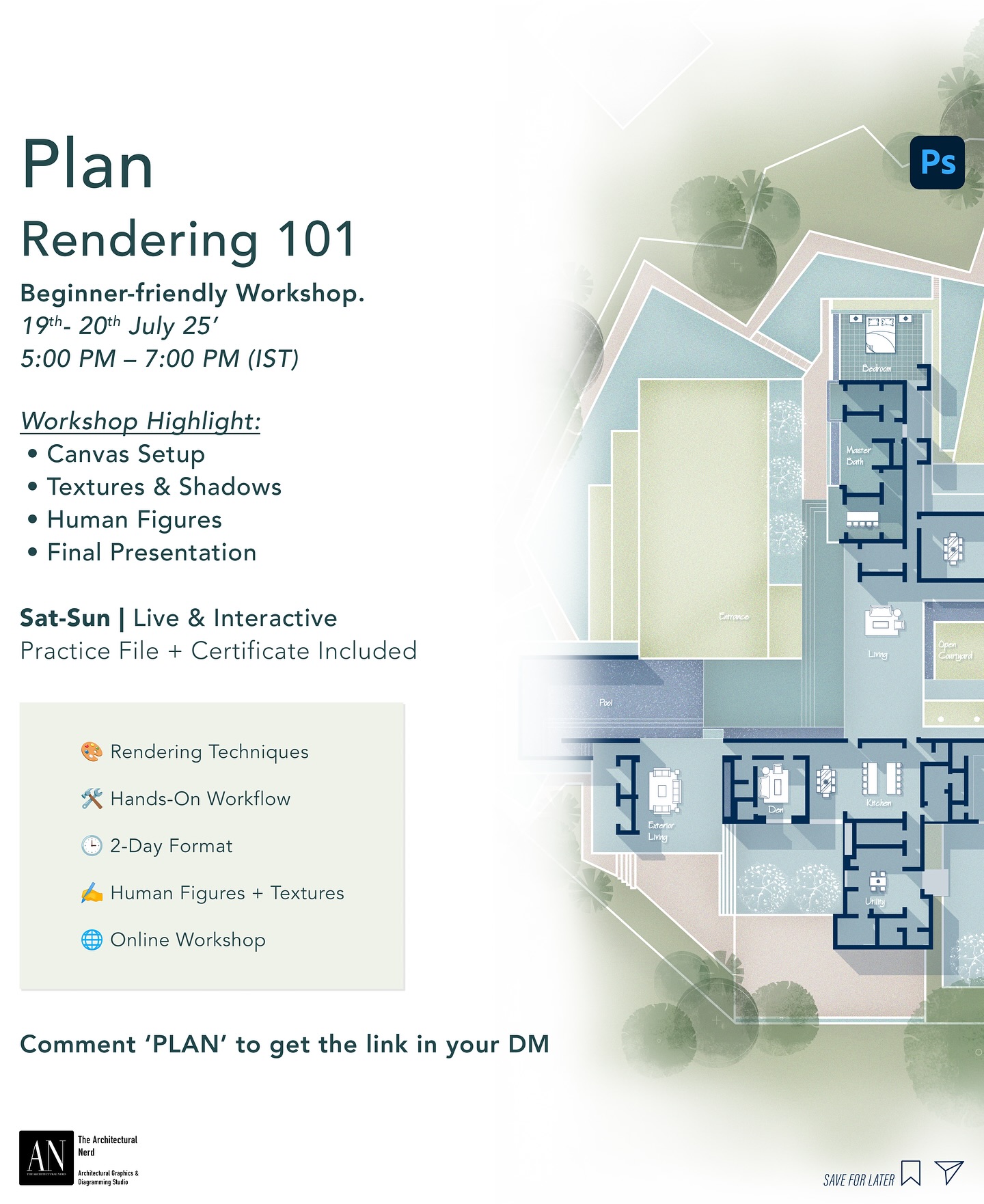 🖼️ Your plan deserves more than just lines.
Say hello to Plan Rendering 101 — a weekend workshop designed specially for architecture students and fresh grads who want to create clean, minimal rendered plans using Photoshop.
📩 Comment “PLAN” to register or ask questions.
🎟️ Limited seats · Affordable & beginner-safe!
Whether you’re new to rendering or want to upgrade your visual style — this 2-day live session will walk you through everything step-by-step.
⸻
🗓️ Format
• 🧑💻 2 Days | Sat–Sun
• 📍 Live on Zoom | ⏰ 5–7 PM IST
• 🐣 Beginner-friendly (No prior Photoshop experience needed)
⸻
📘 Day 1 – The Foundation
• 🧼 Clean AutoCAD plans for rendering
• 📐 Canvas, scale & resolution setup
• 🎨 Base fills using the lasso tool
• 🗂️ Organize layers like a pro
• ⚡ Shortcuts & Q&A
🎨 Day 2 – Adding Life
• 🌿 Add textures: flooring, grass, concrete
• 🕶️ Shadow techniques for realism
• 🚶♀️ Figures, furniture & plants
• 📸 Export settings
• 🎁 Bonus: PSD or brush pack
💬 Live feedback on 1–2 submissions
⸻
🎁 What’s Included
✓ 🖊️ Editable PSD file
✓ 🖌️ Starter brush or texture pack
✓ 🧾 Certificate of participation
✓ 📺 48-hour recording access
✓ 🎟️ 10% off next workshop/product
⸻
💡 This workshop is designed for students who want to build their visual skills without overcomplicating the process.
If you’ve ever looked at rendered plans online and wondered “How do I do this?” — this is for you.
Let’s make your plans not just functional — but beautiful. ✨
#PlanRendering101 #PhotoshopForArchitecture #ArchitectureWorkshop #ArchitectureStudents #TheArchitecturalNerd #RenderedPlans #ArchitecturalGraphics #ArchStudentTools #WeekendWorkshop