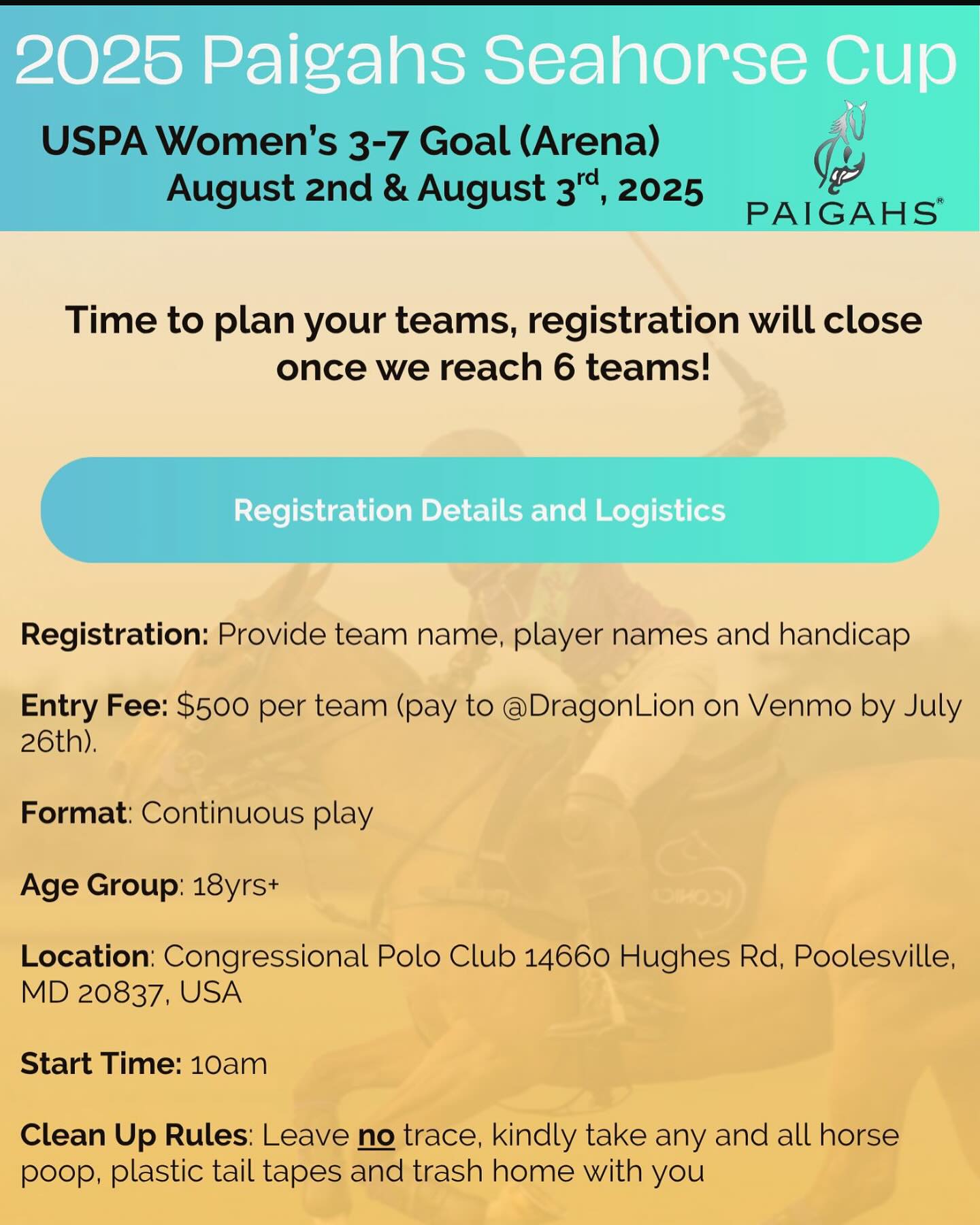 🏇✨ Get ready for the 2025 Paigahs Seahorse Cup — USPA Women’s 3-7 Goal Arena Tournament!
📍 Congressional Polo Club
📅 August 2–3, 2025
Registration is open now and will close once 6 teams are confirmed — secure your spot and be part of this premier arena polo showdown! 🐎🔥
For registration or any questions reach out to to Shamsiya Shervani (571-331-1223).
#PaigahsSeahorseCup #WomensArenaPolo #USPA #CongressionalPoloClub #ArenaPolo #PoloLife #WomenInPolo #2025PoloSeason#PoloAlert #USPA4Goal #GameDay #CongressionalPoloCore
#CongressionalPolo#USPA4Goal#PoloInDC#DCPoloScene#PoloMatchday#PoloTradition#TailgateAndTactics#RideHitWin#WashingtonDCEvents#DCWeekendVibes#DMVEvents#ThingsToDoInDC#DCStyle#DCSocialScene#DCOutdoors#DMVPolo#DCEliteLife#CapitalCitySport