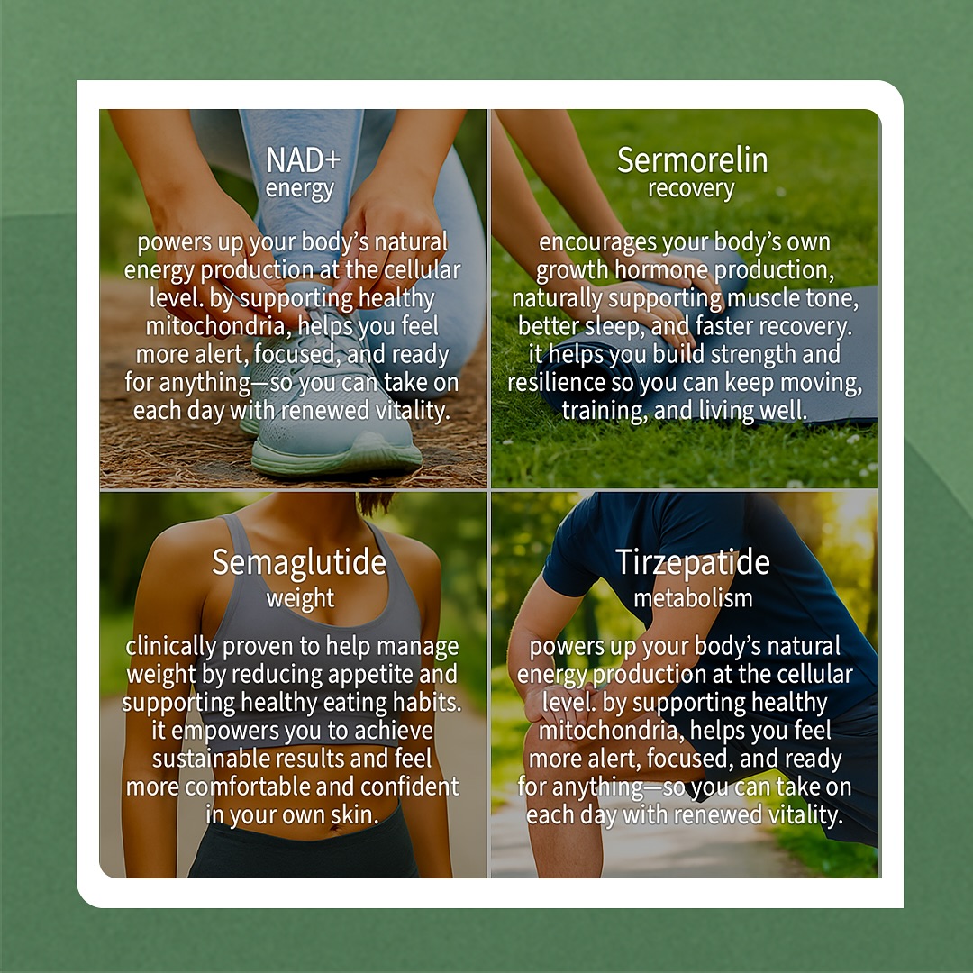 choose your kit—unlock real results:
✨ NAD+
• boosts cellular energy & focus
• supports healthy aging
• sharpens memory & mental clarity
• may reduce fatigue & improve mood
• aids muscle recovery
💪 Sermorelin
• promotes natural growth hormone
• supports lean muscle & body composition
• may enhance sleep quality
• speeds post-workout recovery
• can improve skin & bone health
🌱 Semaglutide
• clinically-proven weight management
• reduces appetite & cravings
• helps stabilize blood sugar
• supports long-term, sustainable weight loss
• can improve metabolic health
🔥 Tirzepatide
• dual-action metabolic support (GLP-1 + GIP)
• aids weight loss & reduces appetite
• may improve insulin sensitivity
• supports heart & metabolic health
• can boost energy & overall well-being
personalized wellness, made simple. which kit fits your goals?
your health journey, your way
📍 Weston, FL
📦 order your at-home kit today!
🧪 optional labs + lifestyle coaching
💉 expert guidance + simple instructions included
➡️ https://www.indehealth.com/
#inde #health #athomekits #wellnessyourway #cells #detox #support #liver #root #cause #toxicity #inflammation #holistic #wellness