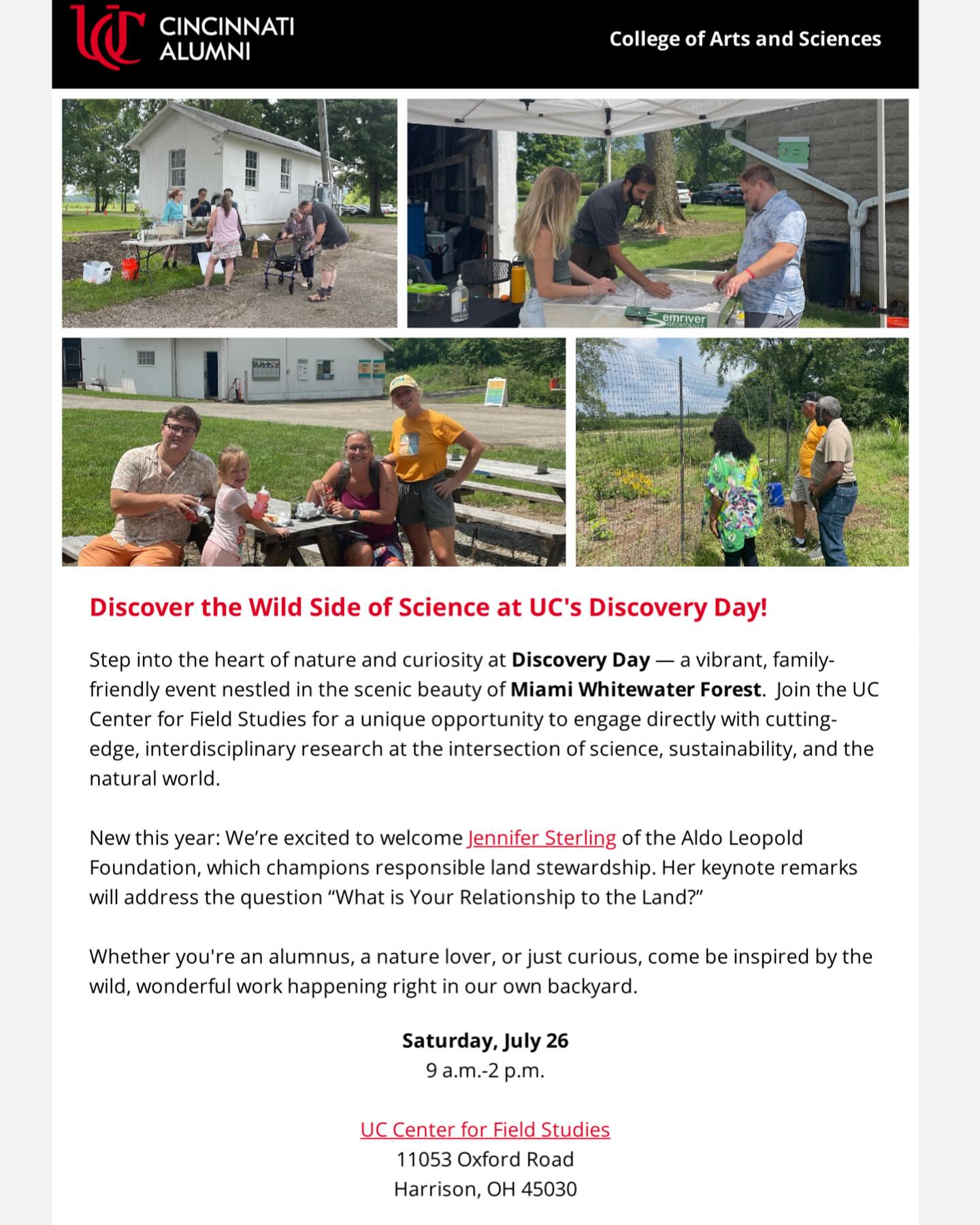 Come out on July 26th for our annual Discovery Day Event! Partake in outdoor activities allowing participants of any age to engage with the environment 🪴
Registration: https://alumni.uc.edu/get-involved/college-networks/as/discovery-day (linked in our bio)
This event is free to the public and will include various topics ranging from bird banding - eco art - stream ecology and much more.
This event is in partnership with the UC Alumni Association, College of Arts and Sciences, SEaS, and multiple Greater Cincinnati Environmental Organizations.