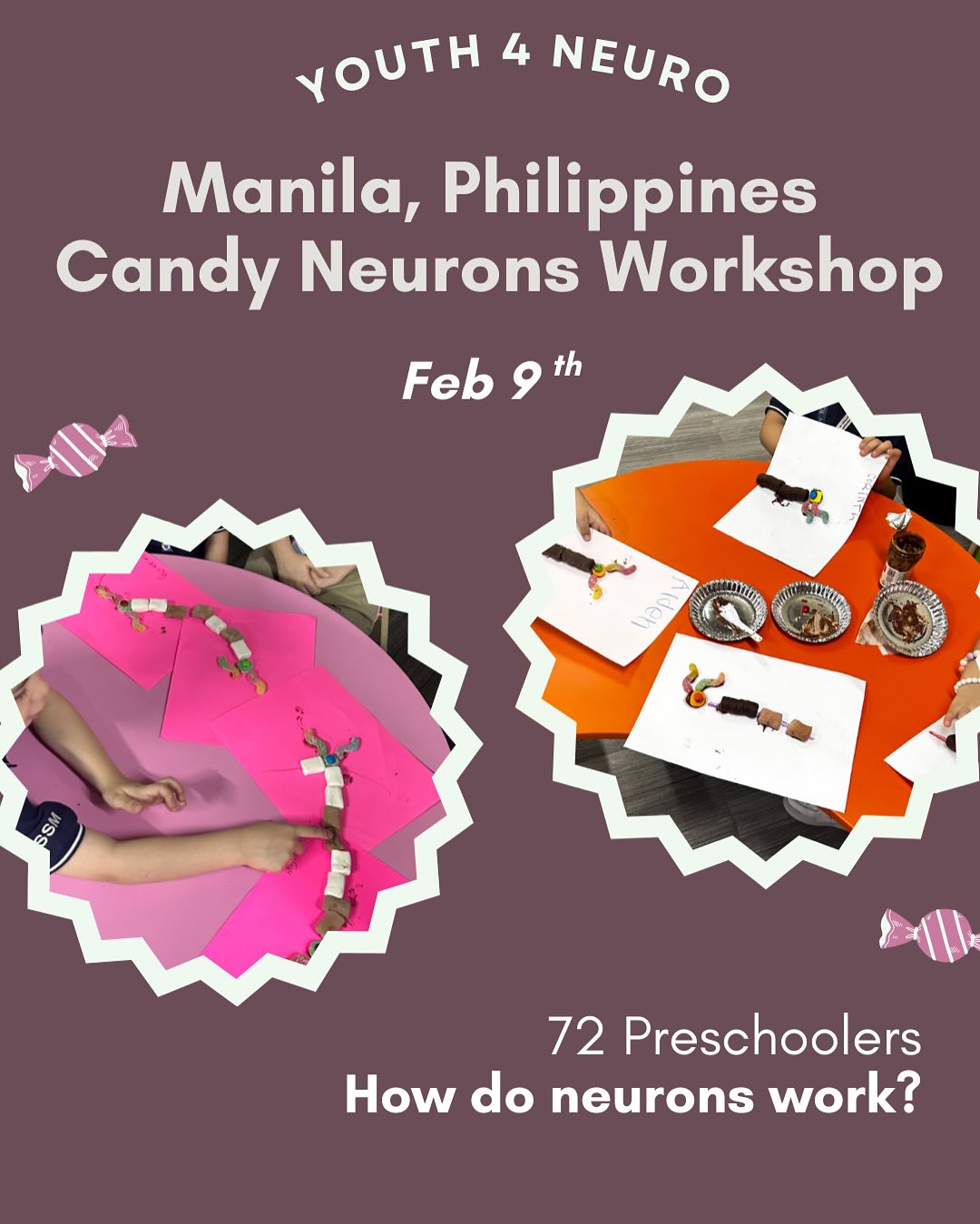 72 curious preschoolers in Manila got hands-on with the brain during our Candy Neurons Workshop on Feb 9th!
From M&Ms to gummy worms, they learned how neurons send messages, what myelin does, and where synapses connect, all while building their own edible neurons!
Start your own chapter today! 🧠
#youth4neuro #neuroscience