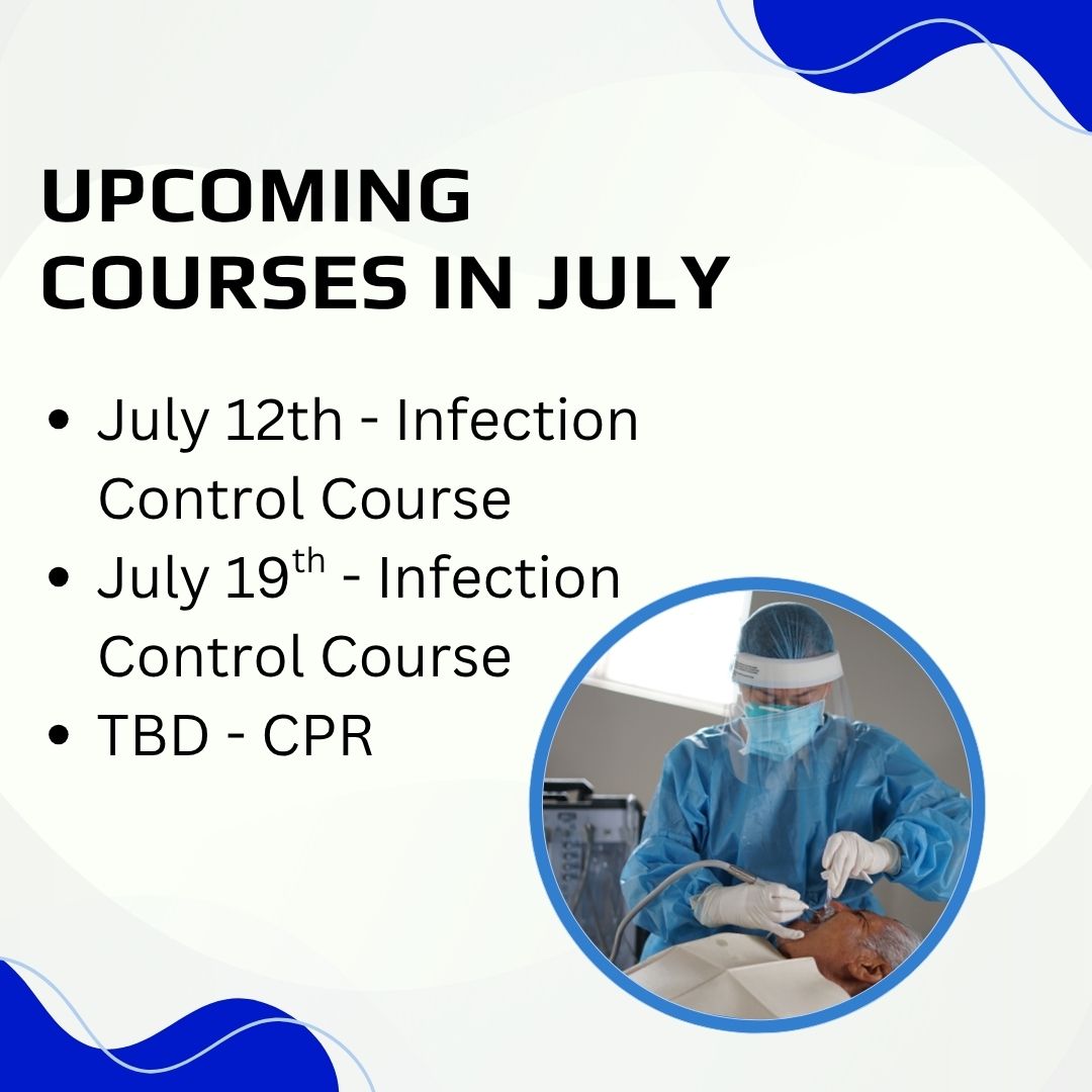 Improve your dental skills and register for any of our upcoming courses for July! All classes are held in person for more information please DM us!
Edit: CPR is July 25th
#dentist #dental #dentalschool #daschool #cpr #xray #infectioncontrol #july #school #vocationalschool
