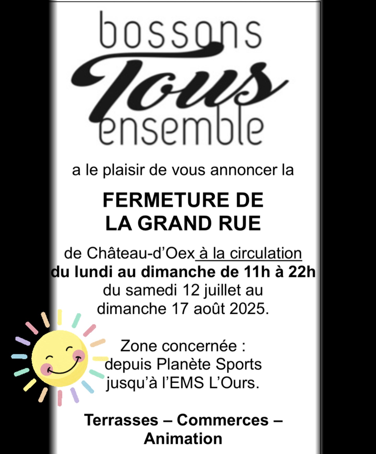 La Grande Rue de Château-d’Oex devient piétonne tout l’été !
📅 Du 12 juillet au 17 août
🕚 Tous les jours de 11h à 22h
📍 Entre Planète Sports et l’EMS L’Ours
Terrasses en plein air, flânerie, ambiance estivale, animations… La rue vit au rythme de la fête ! ☀️🍹🎶
✨ Au programme :
🎧 Silent Disco
🍽️ Grande Table
🎷 Jam Session
…et plein d’autres surprises à découvrir très bientôt !
———
🔥 Appel aux artistes & artisans !
Tu fais de la musique de rue ? Tu crées des objets uniques ?
Viens animer gratuitement la rue et partager ta passion avec les visiteurs 💫
📞 Intéressé·e ? Contacte Séverine : 079 415 48 51
👉 100% gratuit pour les musiciens & exposants
👉 Bonne vibes garanties
——-
Faisons vibrer Château-d’Oex ensemble cet été ! 💛
#chateaudoex #paysdenhaut #ruepietonne #animation #fetes #commerces #achetonslocal