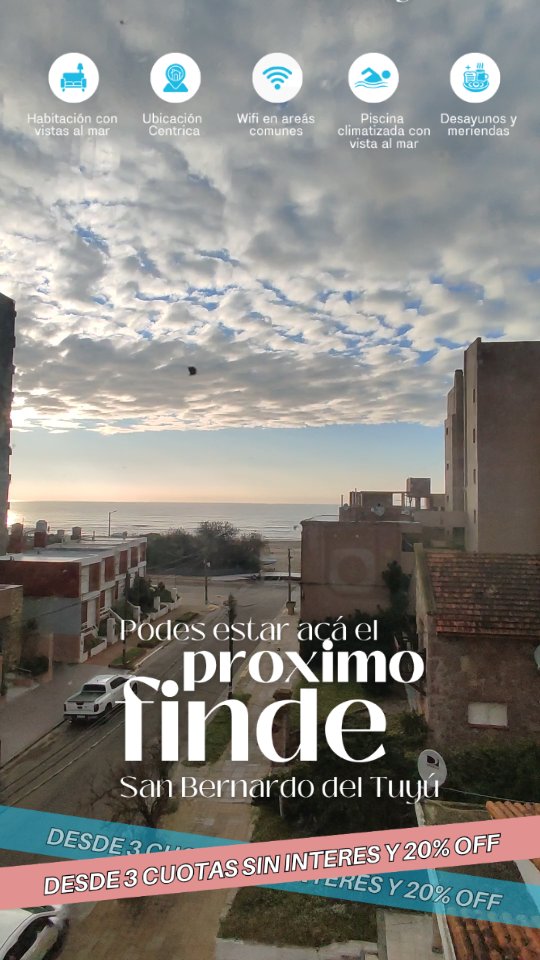 Este invierno disfrútalo en San Bernardo del Tuyú desde la piscina mirando la playita❤️🌊
Tenemos promociones para toda la familia, aprovecha que volvieron sin interés las cuotas, Siii! Sin interés 💆
Con desayunos caseritos y meriendas calentitas 🔥☕
A pasos del mar 🌊
Contactanos y te comentamos más 👀☺️
Hotel new The place San Bernardo del tuyu