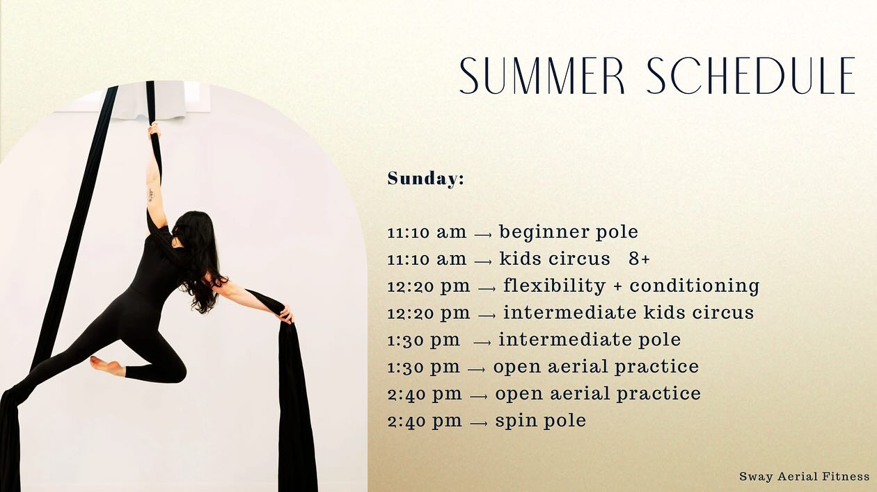 Summer classes are in full swing. Check out the new schedule! ✨
#SwayAerial #MedicineHatClasses #AerialFitness #SummerSchedule #PoleAndCircus #KidsCircus #OpenAerial #MoveWithUs