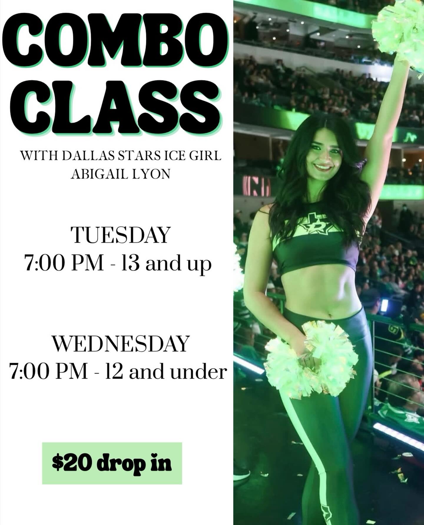 Come take class with Abigail Lyon next week!
She is a former Rangerette, and current NHL Professional Dancer for the Dallas Stars!
She will be doing technique and a combo from 7-8:30pm both nights. Hope to see you there! 💥💚