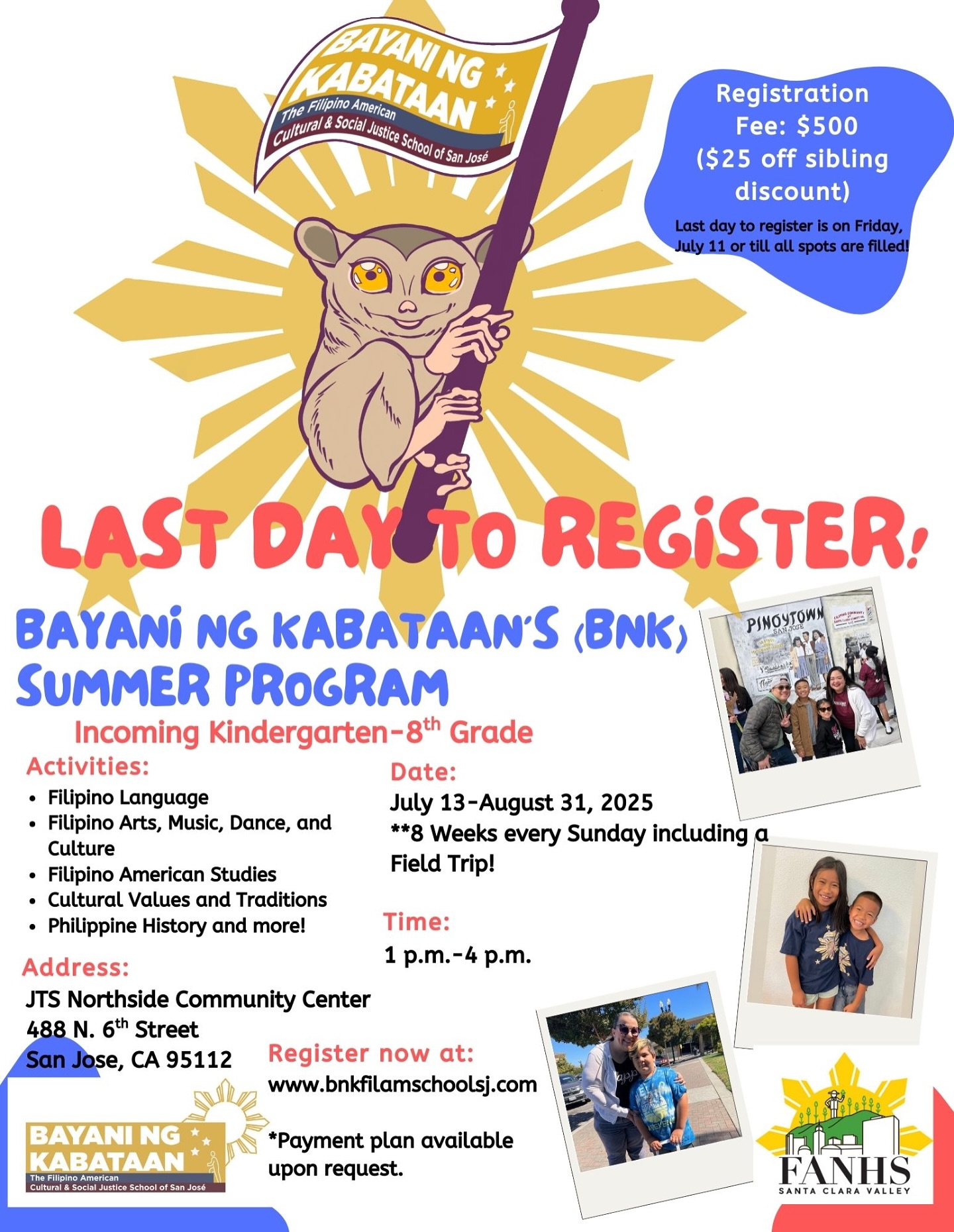 UPDATE: We will extend our registration period to today, Saturday, July 12. Tell all your family and friends that this is their last chance to enroll in our epic summer program!
Sign up now at 👉 www.bnkfilamschoolsj.com 👈
We kick things off THIS SUNDAY, July 13 — can you believe it?! 😱
We’re buzzing with excitement and can’t wait to get this summer program started! Let’s gooo! ☀️🎶📚🇵🇭
#bnkfilamschoolsj #filipinoamerican #filamchildren #filamschool #bayaningkabataan #childrenheroes #filameducation #k-8filamschool #elementaryagechildren #culturalschool #summerprogram #filipinoschool #knowhistoryknowself #nohistorynoself #payitforward #nextgenerationfilams #filamyouth #proudfilipinx