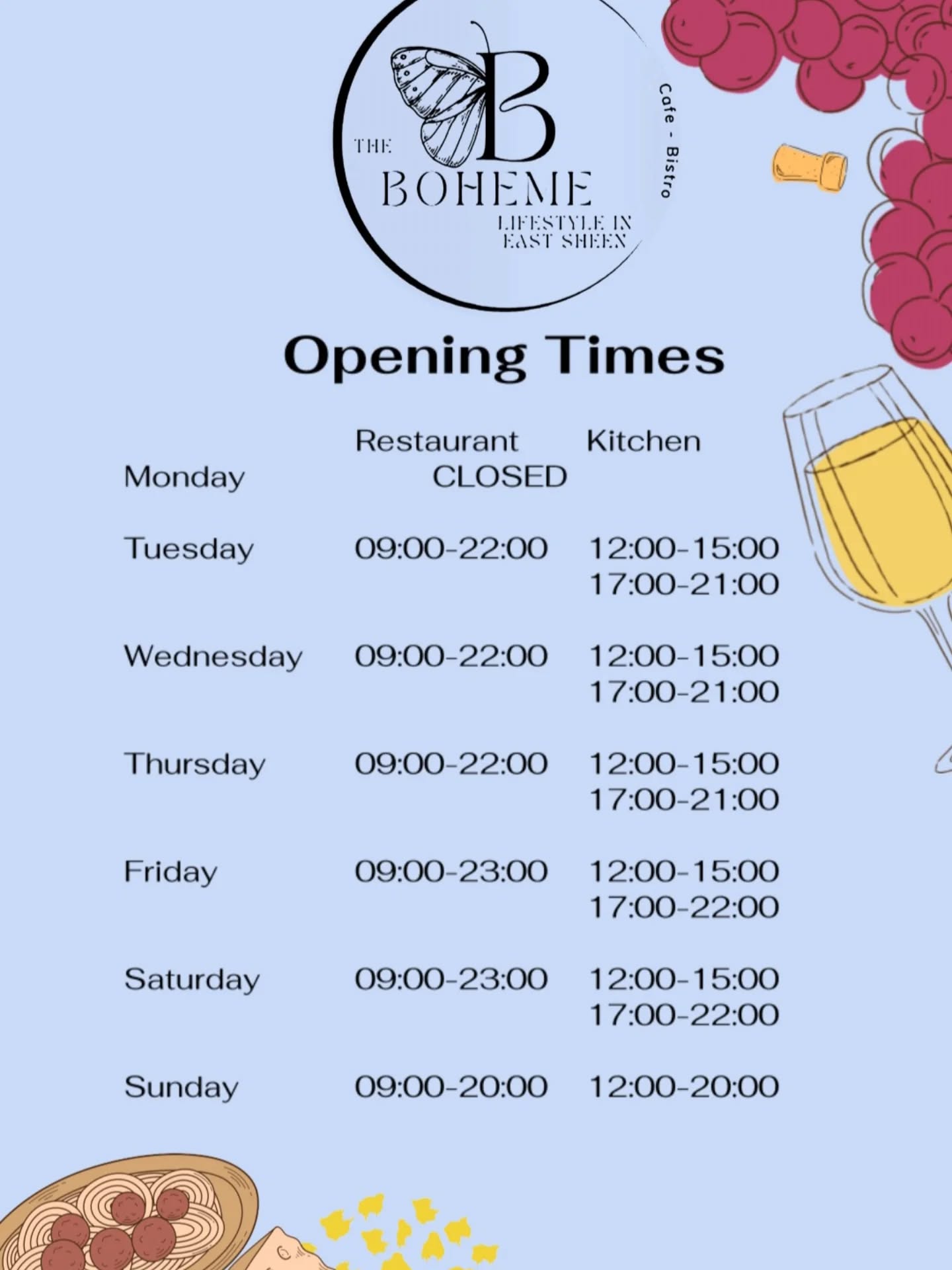 Hello all,
These are our current opening times due to the fact that we are organising something interesting in the next couple of months and our kitchen needs time to adjust.
You're more than welcome to have a coffee and a pastry or a toastie in the morning hours.
See you soon.
#eastsheenvillage #eastsheen #bohemerichmond #boheme #bohemelifestyleineastsheen
#pizza #coffee