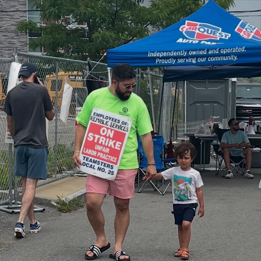 Fighting for working families is a family business and today Lucas joined me. @teamsters25 are still on strike for what their members deserve in the face of Goliath @republic_services a billionaire publicly traded company trying to short change blue collar workers. We shall not be moved! Photo credit 📸 to my beautiful wife: @crystalclearthoughts