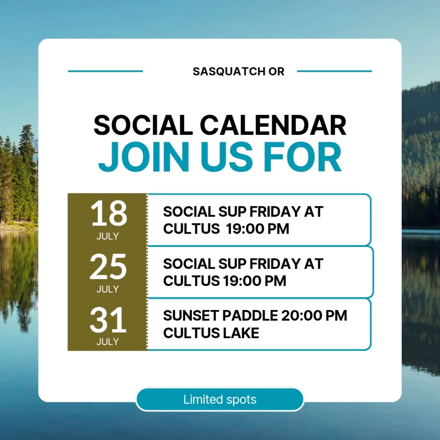 🌊 July Paddle Events at Cultus Lake! 🏞️
Join Sasquatch Outdoor Rentals for fun & connection on the water:
🗓️ Friday Social Paddles – July 18 & 25
🌅 Sunset Paddle – July 31
📍Location: Cultus Lake
🔗 Details & RSVP in BIO
🎟️ FREE to join!
🛶 Need a board? Rent one for just $20
Let’s build a stronger, more connected paddle community one stroke at a time 💙 #PaddleWithSasquatch #CultusLakePaddle #PaddleLife
#SUPChilliwack