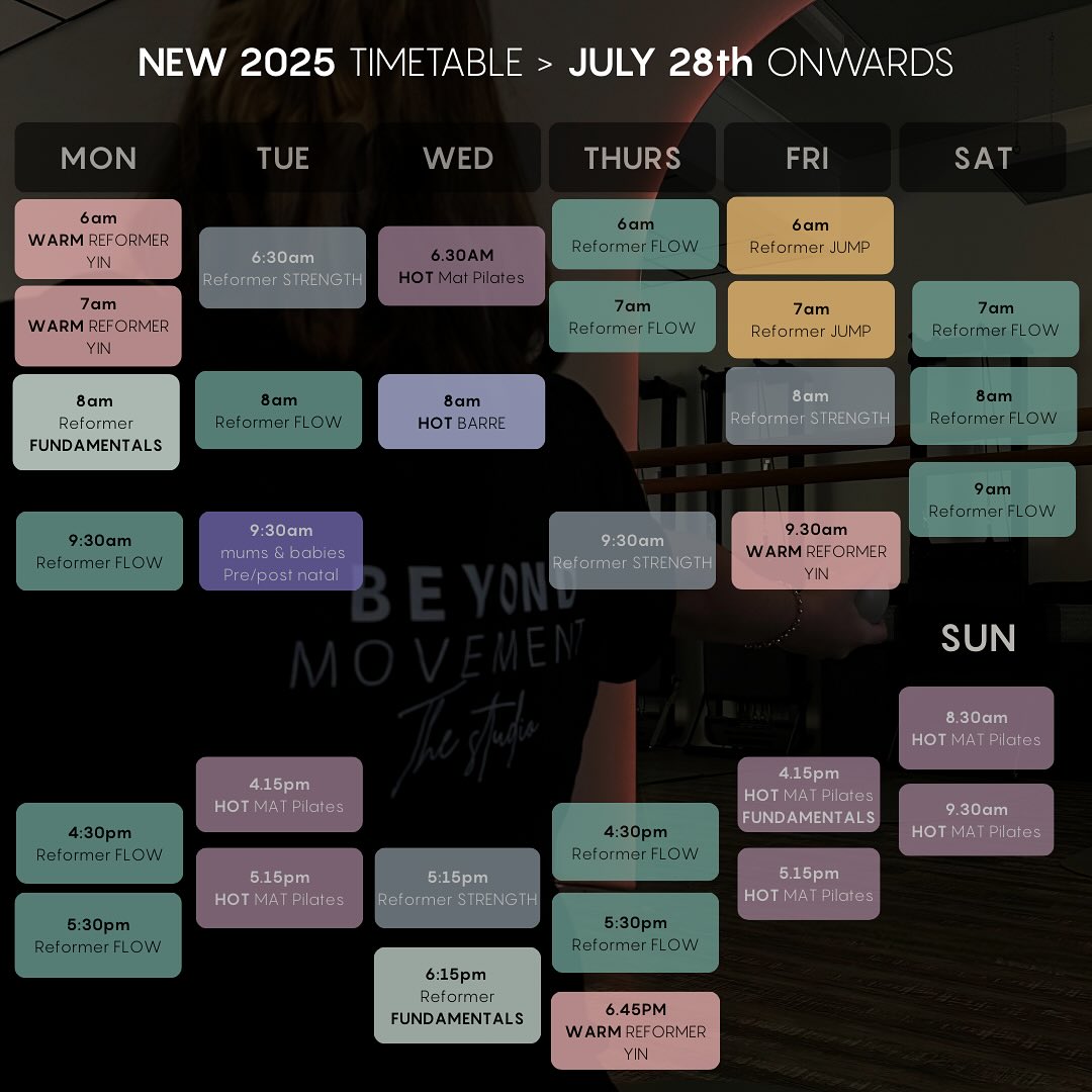 IT’S HERE! NEW TIMETABLE & CLASS STYLES!
Commencing from July 28th - all of your perfect class times plus more! NEW Reformer class styles and new names, with a specific focus, dynamic and challenge for those reformer exercises you love the most.
Like always, all classes are open to anyone and everyone, to experience beyond just movement!
Bookings now open 🤍 book via the MOMENCE app or via the Studio website www.beyondmovementthestudio.com.au