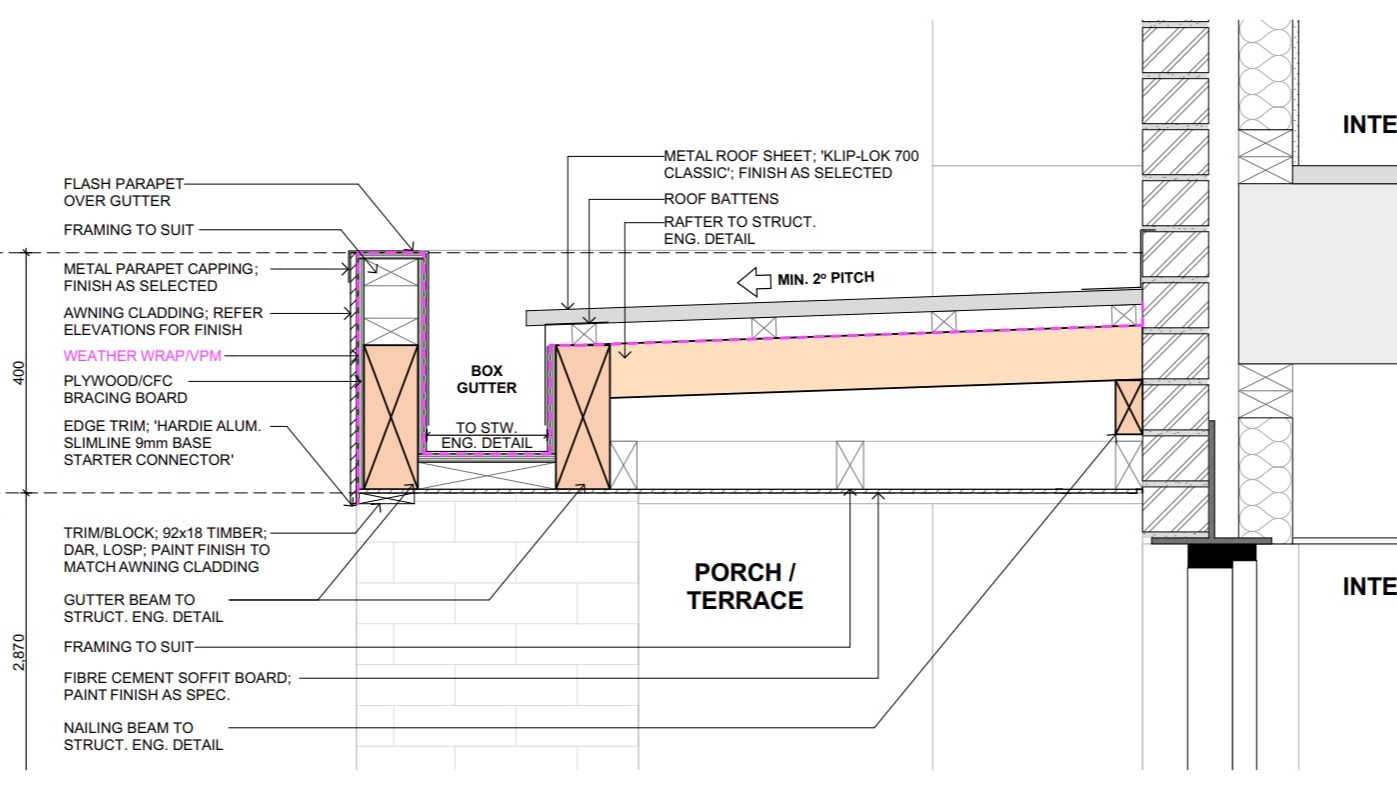🔍 Detailed section drawing of a low-level roof featuring a box gutter and parapet, developed for an upcoming residential project in Sydney.