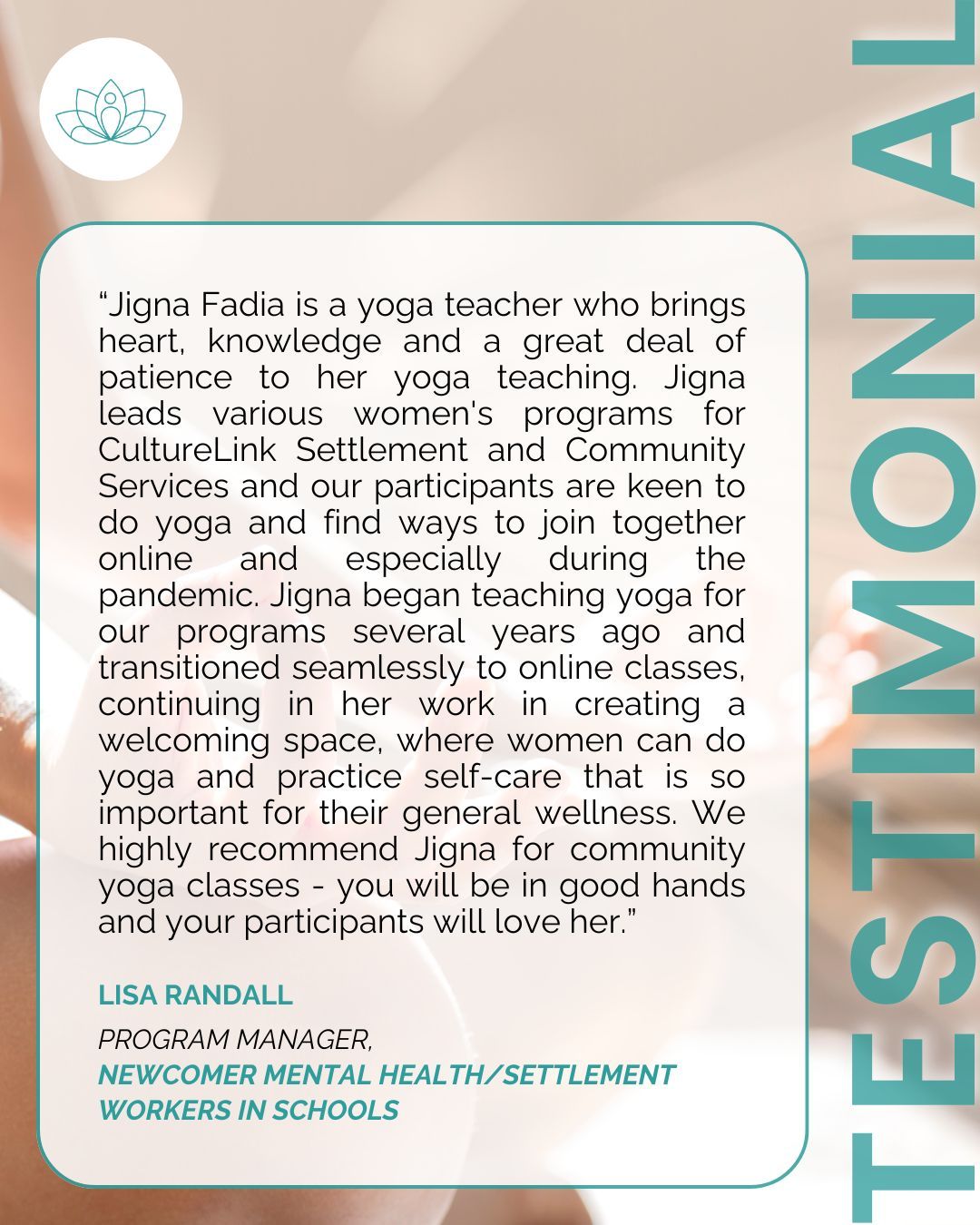 For over a decade, Jigna Fadia has cultivated safe, nurturing spaces where yoga becomes more than movement, transforms to a journey to healing through practice. Her approach is thoughtful, steady, and rooted in mindfulness, inviting every participant to come as they are, and to grow from wherever they stand.
Working with CultureLink Settlement and Community Services has been a true joy. This organization’s deep commitment to newcomer wellness, inclusion, and mental health has created a fertile ground for powerful, community-led transformation. The way they honour diversity and foster belonging is both inspiring and necessary.
Thank you Lisa Randall, for these very kind words. Your leadership and vision have guided programs that help countless women prioritize self-care and mental wellness. Your trust and encouragement continue to make meaningful community wellness possible. 💚
💼 For Organizations & Healthcare Teams
Whether you're a corporate HR team, hospital, mental health clinic, non-profit, government agency, or school, Earth Seedlings Yoga offers custom wellness sessions that meet your staff and clients exactly where they are.
Jigna Fadia is not only a Certified iRest® Yoga Nidra Teacher, experienced RYT®500, and Reiki Master Practitioner, and has helped over 9,000+ individuals reconnect to calm, clarity, and strength through breath, movement, and stillness connecting to their inner being which is the true meaning of yoga which is Union.
Let’s co-create calm 🌱
Email: jigna@earthseedlingsyoga.com
Learn more: earthseedlingsyoga.com
Let’s co-create spaces of healing and harmony together.
#CultureLink #CommunityWellness #WomenSupportingWomen #YogaWithJigna #EarthSeedlingsYoga #MindfulnessMatters #SettlementServices #InclusiveWellness #YogaForNewcomers #TorontoYoga #LeadershipInWellness #JignaFadia