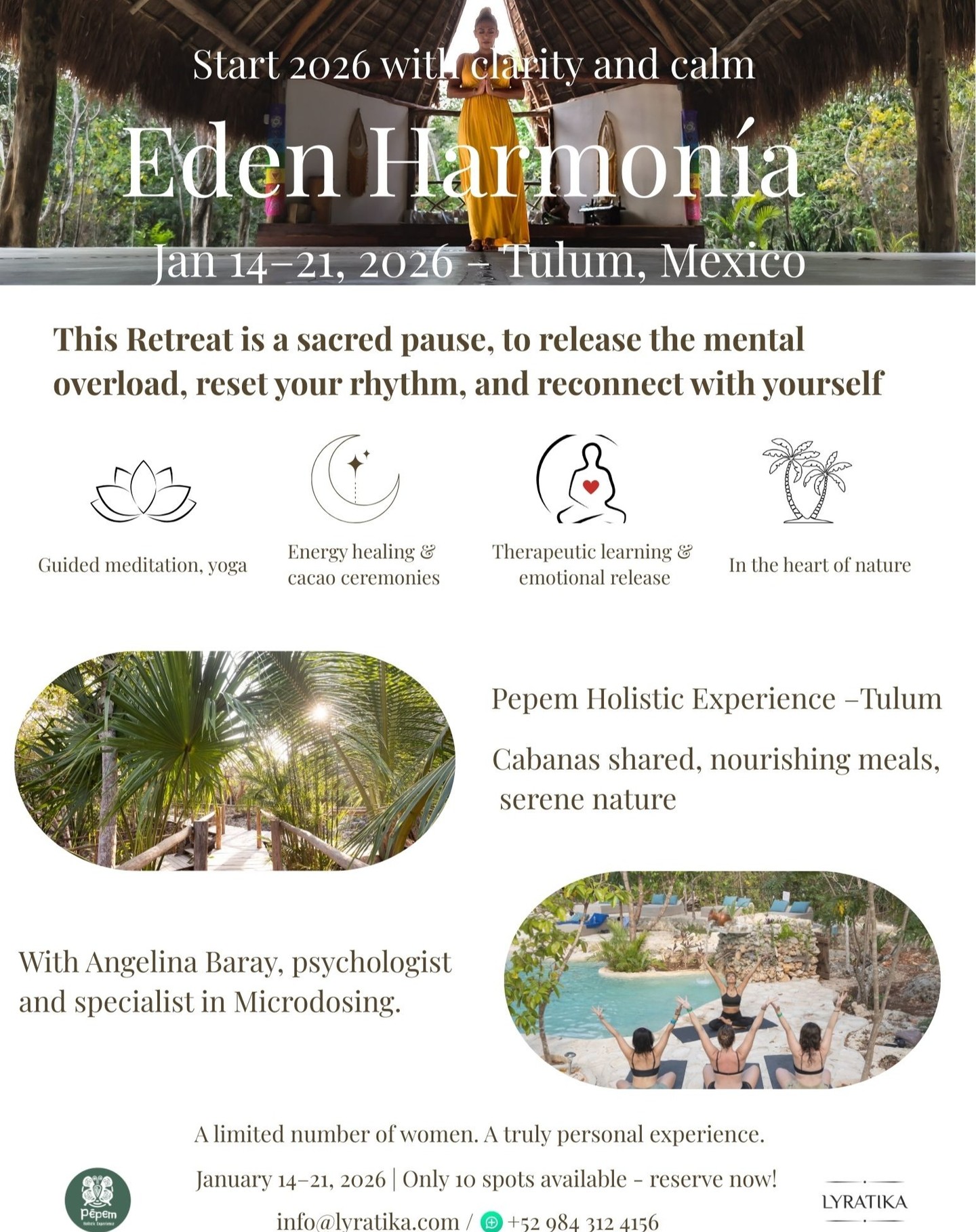Eden Harmonía invites you to pause, reset, and reconnect with your essence during an exclusive retreat in Tulum, Mexico — from January 14 to 21, 2026.
This is more than just a retreat; it’s a sacred journey designed to:
✨ Release mental overload
✨ Restore your natural rhythm
✨ Reconnect with yourself in the heart of nature
Guided by psychologist and microdosing specialist, Angelina Baray, this intimate experience offers meditation, yoga, energy healing, cacao ceremonies, therapeutic learning, and emotional release.
🌸 Only 10 spots available. A truly personal, transformative experience awaits.
Reserve now and gift yourself this sacred pause.
📩 DM us or email info@lyratika.com to secure your spot.
#EdenHarmonia #TulumRetreat #MindfulTravel #SacredPause #LuxuryWellness #WomenRetreat #Lyratika