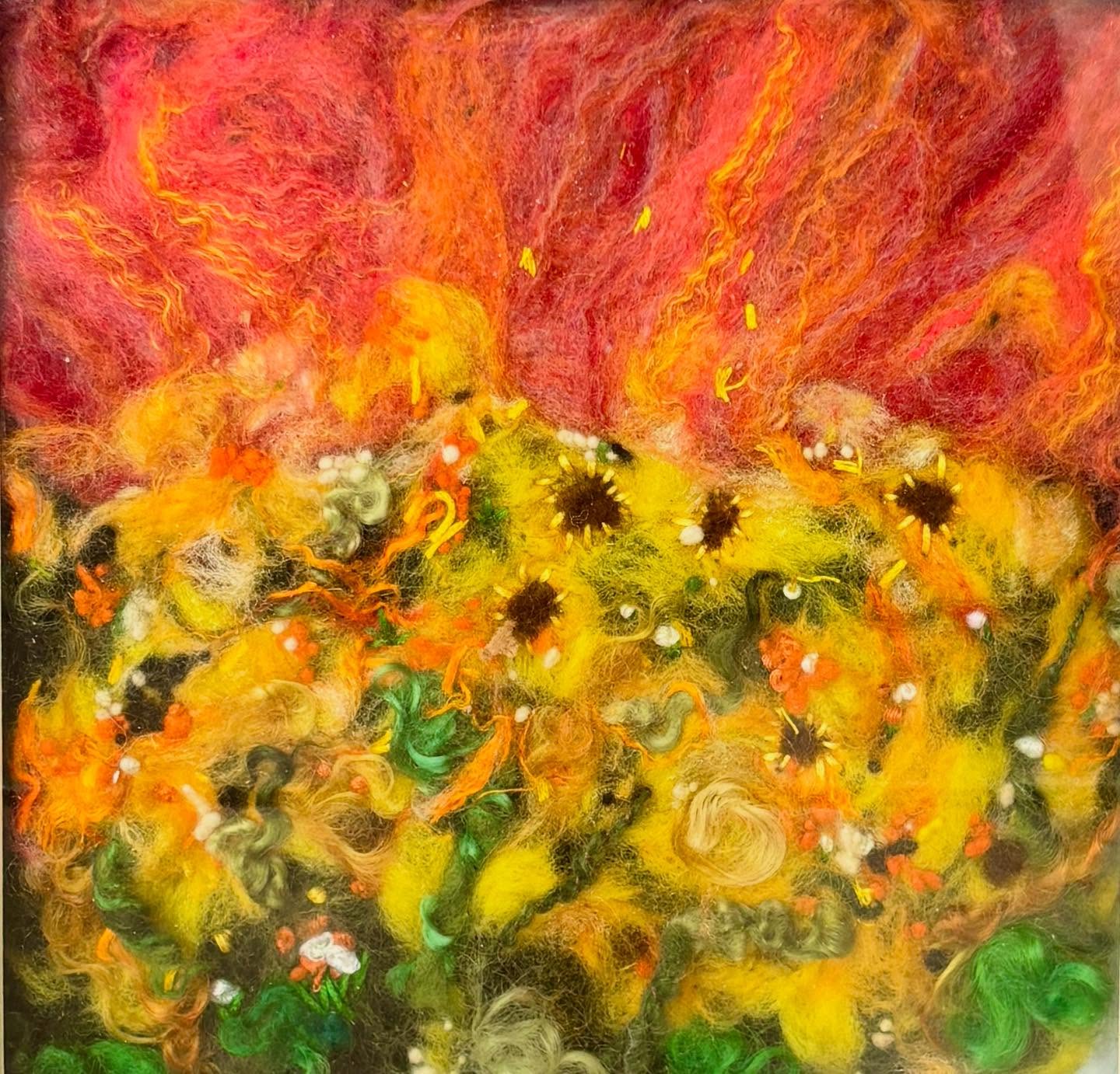 ‘The Golden Hour’ is my latest piece using a fabulous fiery mix of a wet felted sky with a hazy sunflower field beneath it. I love the technique of wet felting as each piece is totally unique and I enjoy adding a few hand stitched embroidered threats to highlight some of the flowers.
I do hope you like it & it will be part of the @northantsrutlandos Twelve Artists, Two Locations, Limitless creativity exhibition at @northamptonshoe and @abingtonmuseum from 13th September to the 9th November.
#northantsandrutlandopenstudios #northamptonmuseumandartgallery #abingtonpark #abingtonparkmuseum #thegoldenhour #needlefelt #wetfelted #woolart #fibreartist #woolartist #needlefeltingartist