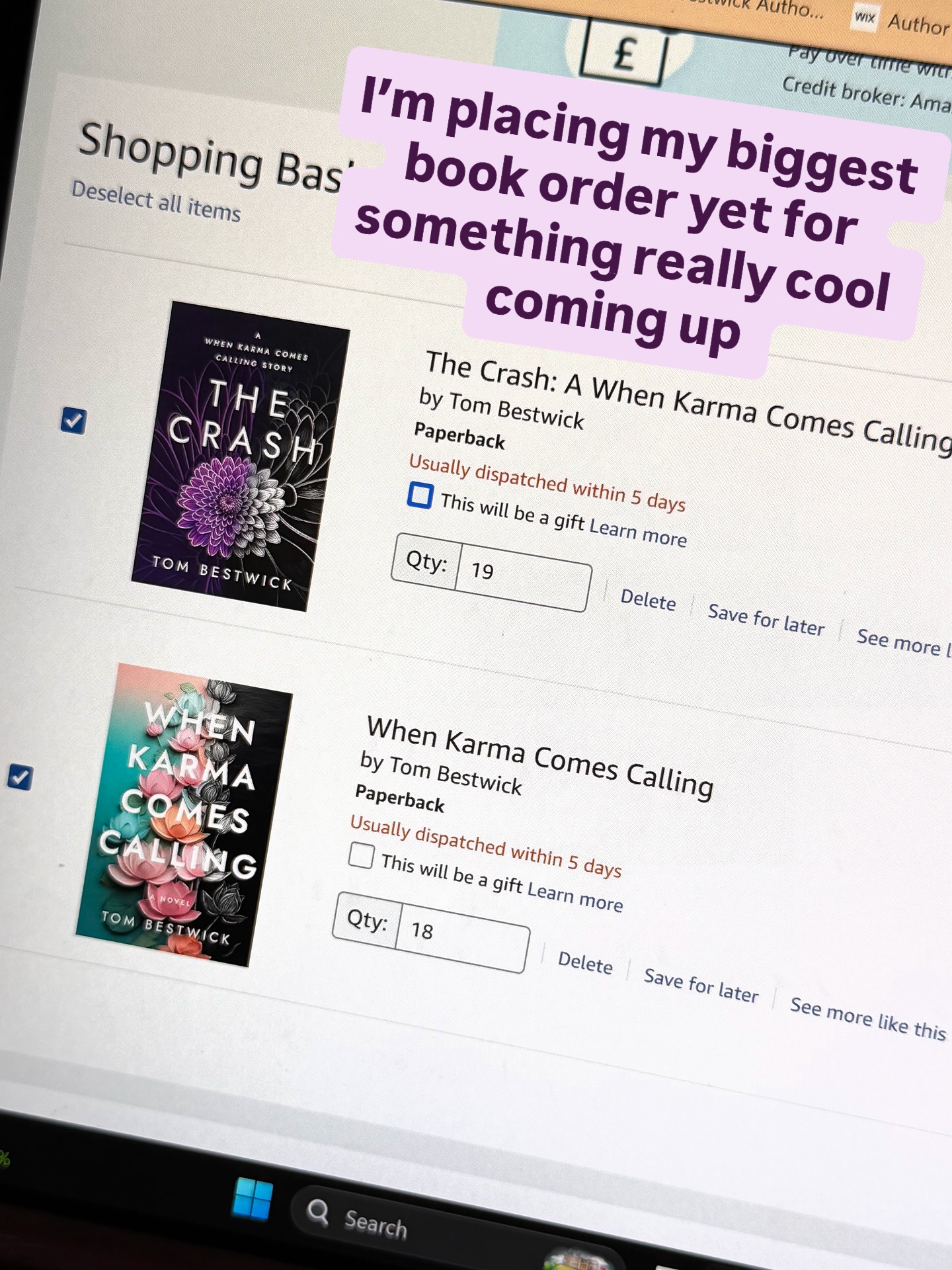 Today, I placed my biggest book order for copies of When Karma Comes Calling and The Crash.
Iām excited to share why next week š
#authorsofig #writerlife #authorlife #writerscorner #writerslife #writerssociety #writersonig #writersfollowwriters #authorcommunity #fictionwriter #bookcoverdesign
