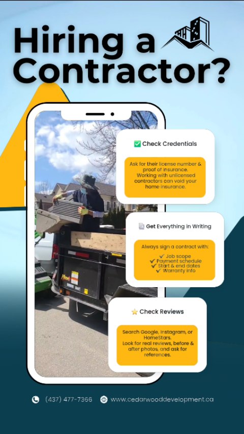 🚨 Hiring a contractor in Toronto or the GTA? Read this BEFORE you sign! 🛠️
Not all contractors are created equal — and choosing the wrong one can cost you time, money, and peace of mind. 😬
Here are 3 must-know contractor hiring tips that will protect your investment:
1️⃣ Always verify their license and insurance
2️⃣ Get every detail in a written contract
3️⃣ Read real reviews and check past project photos
📍 Whether it’s a home renovation, basement finish, or interlocking project — Cedarwood Development Group Inc. is fully licensed, insured, and trusted across the GTA.
📞 Call or WhatsApp: (437) 477-7366
📧 info@cedarwooddevelopment.ca
🌐 cedarwooddevelopment.ca
🛠️ Renovations | Interlocking | Kitchens | Bathrooms | Basements
💡 Check out our blog for more expert tips and renovation ideas!