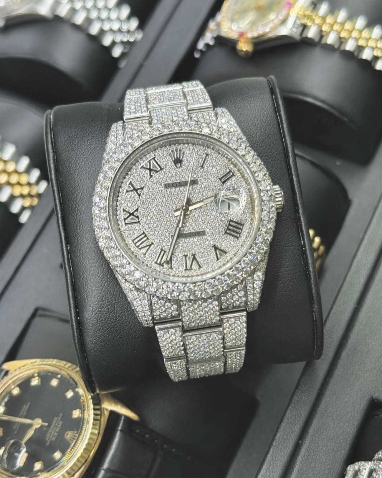 Stop on by to take a look at our watch collection! We stock anything from classic stock pieces to fully customized bust downs like this one! Pm us for your next time piece!