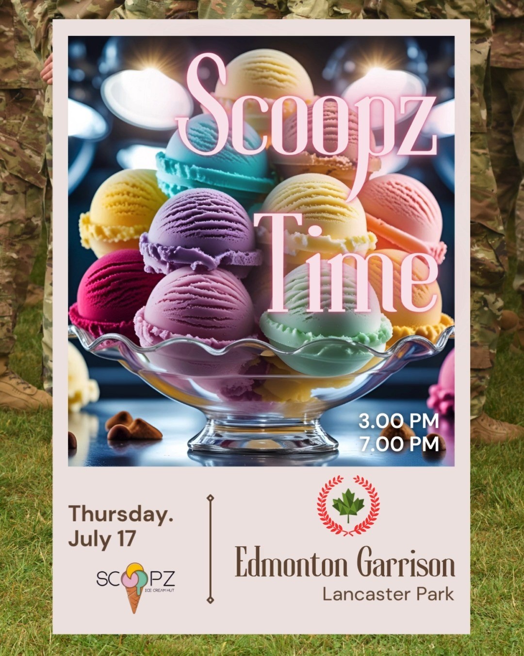 📍 Edmonton Garrison – Thursday, July 17
🕒 3 PM to 7 PM
Hot days call for cool treats.☀️🍦
We’re back at Lancaster Park serving up all your Scoopz favourites. Swing by after work or bring the whole crew - we’ve got your summer cravings covered!
#EdmontonGarrison #LancasterPark #ScoopzOnTheGo #YEGFoodTrucks #SummerTreats #YEGEats #IceCreamLovers #YEGEvents #Edmontonicecream #Youricecream #ScoopzTime #alltheflavors #albertaflavors #foothillscreamery #realcanadians #edmontonfoodtruckfinds #tastytreat #edmontonthingstodo #scoopzicecreamhut #scoopz #icecreamscoops #funinthesun #funinthesun2025 #favoritethings
