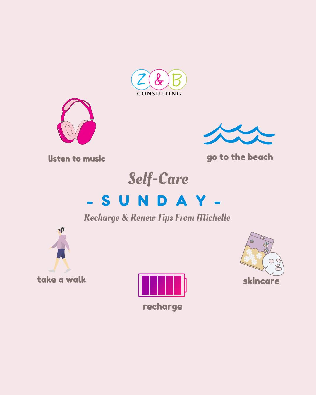 It's Self-Care Sunday, so take a walk or go to the beach or do whatever it takes to relax and recharge to power through the rest of the week.
Here are some self-care practices that Michelle lives by!
#Recharge #SelfCareSunday