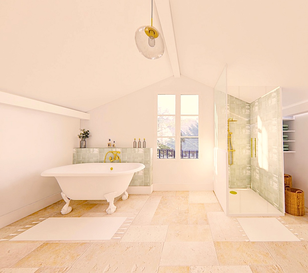 Projet GRENOISE
Que pensez-vous de cette salle de bain parentale ?
Un véritable écrin sous les combles à la fois épuré et plein de charme.
salle de bain parentale | combles | zellige | travertin | décoration