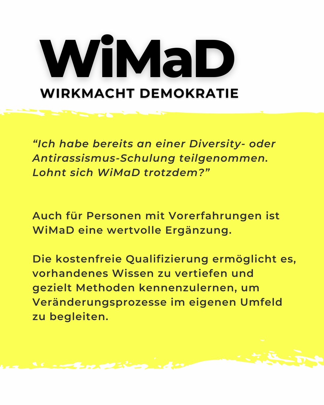 Veränderung beginnt oft bei Einzelnen, die den Mut haben, neue Wege zu gehen.
WiMaD begleitet Menschen, die in ihrem Umfeld Strukturen verändern und Vielfalt, Gerechtigkeit sowie demokratische Teilhabe stärken möchten. Die kostenfreie Qualifizierung richtet sich an alle, die Multiplikator*innen für gelebte Demokratie werden wollen – unabhängig davon, ob bereits Vorerfahrungen mit Diversity- oder Antirassismus-Schulungen bestehen.
Verschiedene Gruppen bringen unterschiedliche Perspektiven ein, wodurch ein lebendiger Austausch entsteht. Im Zentrum stehen praxisnahe Werkzeuge und Strategien, die helfen, Vielfalt langfristig zu verankern und einen Beitrag zu einer resilienten Demokratie zu leisten.
👉 Mehr Infos und Bewerbung: www.AntiRassismusTrainer.de/wimad
#WiMaD #Awareness #DemokratieStärken #VielfaltGestalten #ResilienteDemokratie #MultiplikatorInnen #Diversity #Antidiskriminierung #KostenfreieQualifizierung