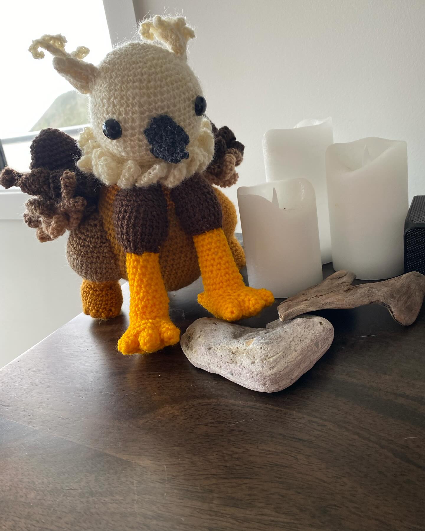 A Griffin. Quite a few different colours of brown on this one as my review yarn was a lot of smaller balls. Quite cute though. #crochetcreatures #crochetgriffin #mythicalcreatures #upcycledyarn #rescueyarncreatures