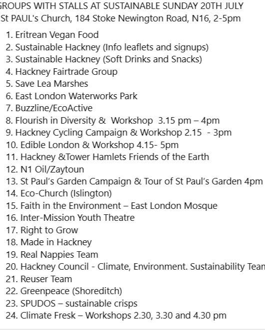 These are all the groups which will be holding events or running stalls at our Sustainable Sunday event.
Look forward to seeing you there!