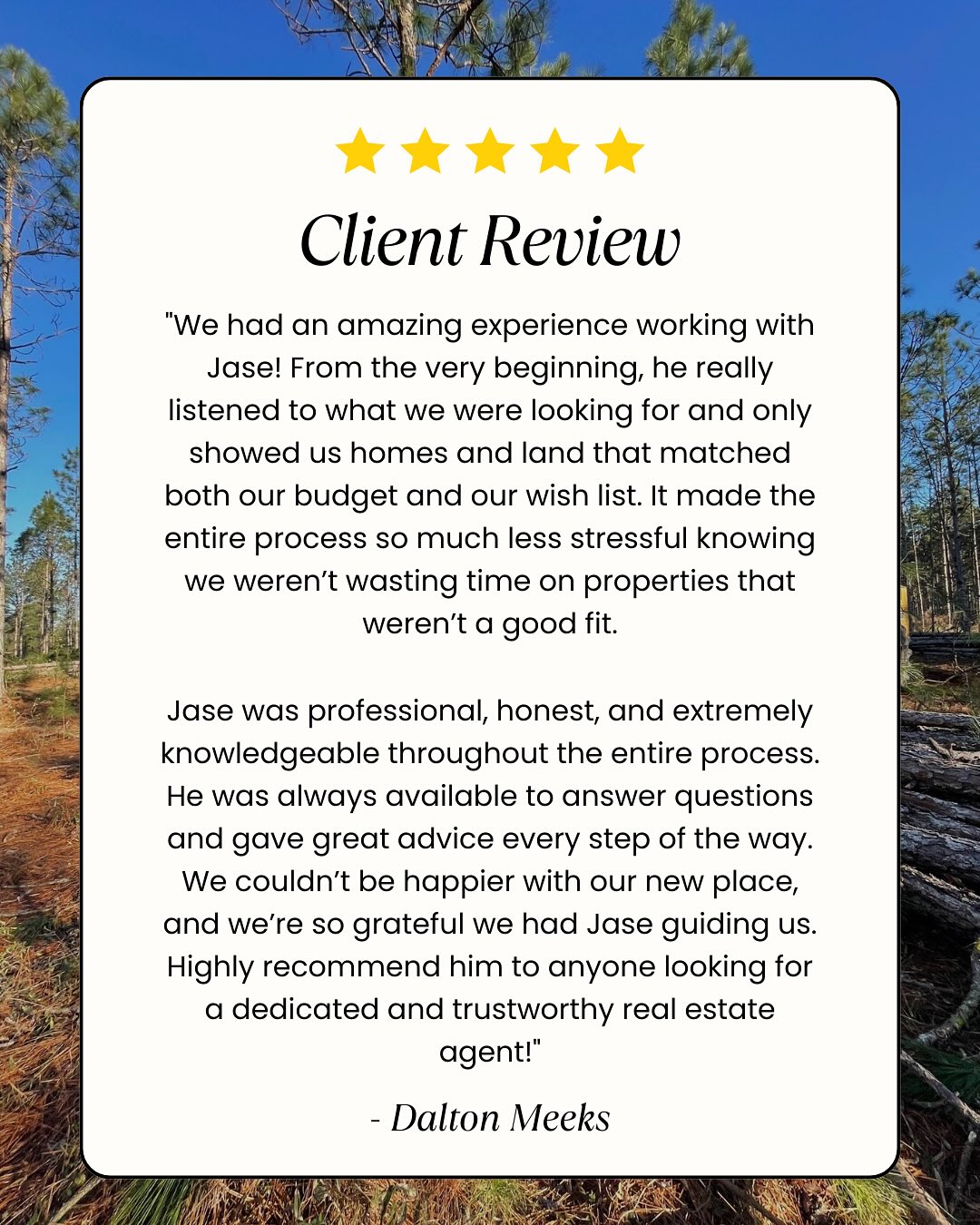 Client Review 📝
.
It is always a pleasure working with buyers & sellers on real estate as well as on our day to day forestry consulting operations.
.
I have done a poor job of tracking the results from these deals/clients but have made it a goal to improve and share the results.
.
If you are in the market to buy or sell real estate do not hesitate to reach out.
.
Jase Brooks
📱:678.414.5505