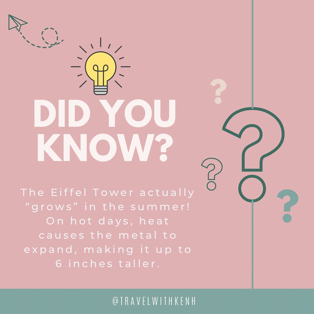 🇫🇷 Fun fact: The Eiffel Tower literally grows in the summer 😮 On hot days, the iron expands from the heat, making it up to 6 inches taller. She said “elevated, but make it seasonal.” ☀️
#TravelWithKenH #TravelTrivia #EiffelTowerFacts #DidYouKnow