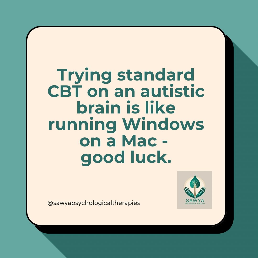 Traditional CBT studies developing protocols were primarily based on neurotypical participants that do not specifically include or account for autistic individuals.
For example; Dugas’ CBT protocol for Worry (developed in the 1990s and 2000s - and still taught in university today as the ‘gold standard’) did not include participants that were assessed for autism.
Why does this matter?
So many autistic clients come to therapy struggling with a belief they cannot change or ‘be fixed’. That therapists in the past were attempting to ‘treat’ intolerance of uncertainty, which, by the way, is a core diagnostic feature in autism and attempting ‘treat’ this can cause significant distress.
Adapted CBT is needed. As is more awareness of and confidence in working with neurodiversity.
Finally! Research is developing and including the neurodiverse population…let’s hope things improve.
#cbtadaptations #neurodiverse #neurodiversementalhealth #anxiety #depression #understandingautism #understandingadhd #sawyapsychologicaltherapies