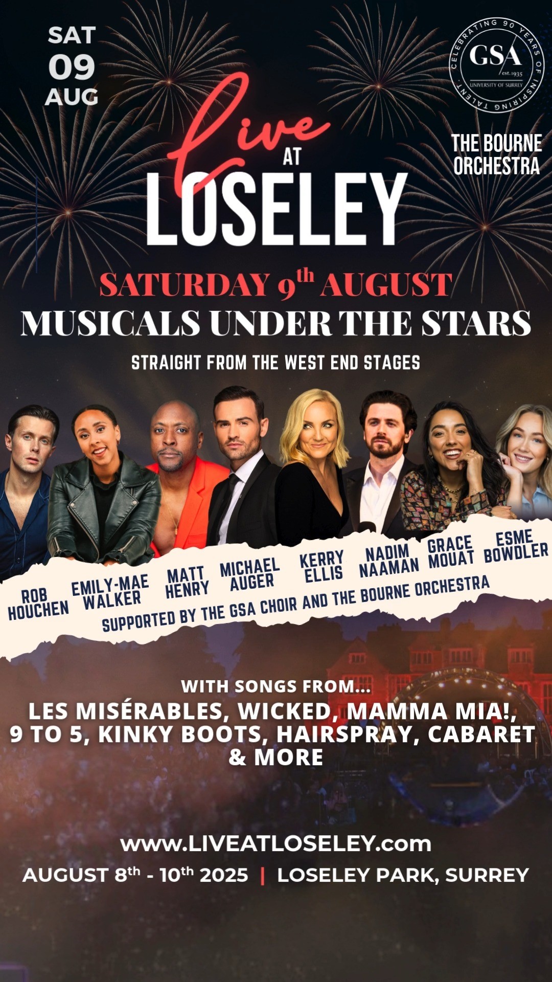 🎭 The wait is over... your full Saturday night line-up is here! Join Michael Auger as he reveals the incredible West End cast lighting up the stage at Live at Loseley.
✨ Kerry Ellis, Matt Henry, Nadim Naaman, Emily-Mae Walker, Rob Houchen, Grace Mouat, Esme Bowdler, plus the GSA Choir and Bourne Orchestra – all performing songs from Wicked, Les Misérables, Mamma Mia!, 9 to 5, Hairspray, Cabaret, Kinky Boots and more!
📍 Loseley Park, Surrey
🎟 Tickets selling fast – Gold Circle & VIP nearly gone!
🎫 liveatloseley.com
#MusicalsUnderTheStars #LiveAtLoseley #WestEndLive #SurreyEvents #OpenAirConcert #LoseleyPark #KerryEllis #MichaelAuger #MusicalTheatreLive #GuildfordEvents #SummerInSurrey