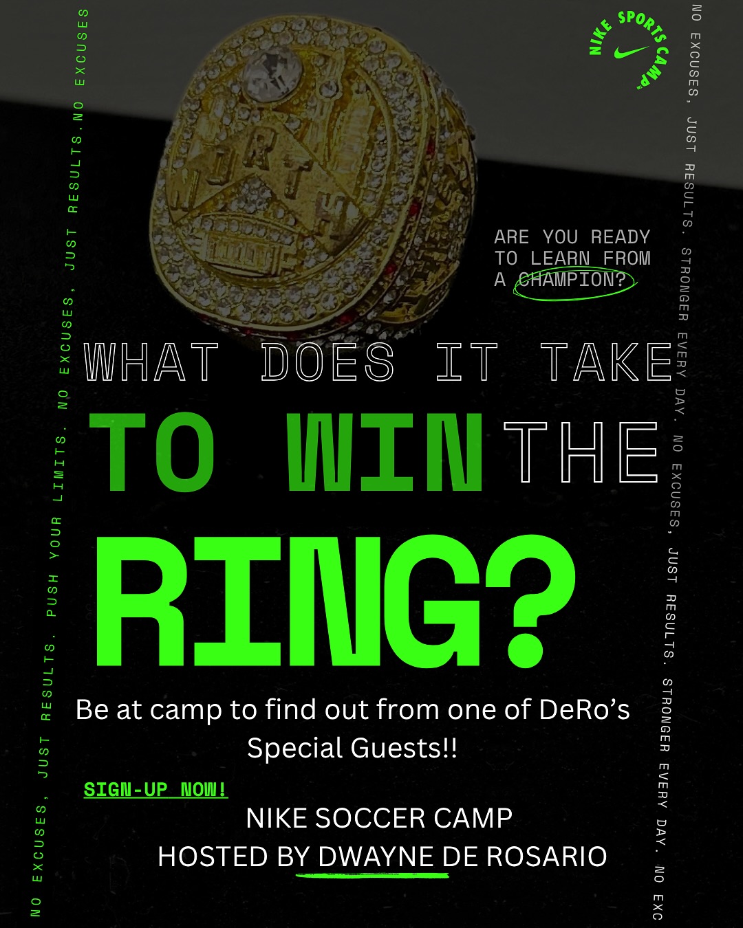 At Ring Day, we celebrate more than just a piece of jewelry, it’s a symbol of perseverance, teamwork, and the journey to greatness.
This is a rare opportunity for youth to learn directly from professional athletes who know what it takes to win at the highest level. These champions, who have earned their rings through grit and determination, will share their personal stories:
✨ The sacrifices they made to reach the top.
✨ The mindset and habits that separate good from great.
✨ The power of teamwork and resilience when facing challenges.
Ring Day isn’t just about sports, it’s about life lessons that inspire the next generation to chase their dreams and embrace what it truly means to be a champion.
📣 Join us at camp to hear from those who’ve been there, and leave with tools and motivation to start your own journey to success.
#DeRoFoundation #TrainWithDeRo #NikeSoccerCamp #YouthSoccer #SoccerCamp #HamiltonSoccer #AncasterSoccer #SportsCampsCanada #DwayneDeRo #Bradford #Grimsby #burlington #soccercamp