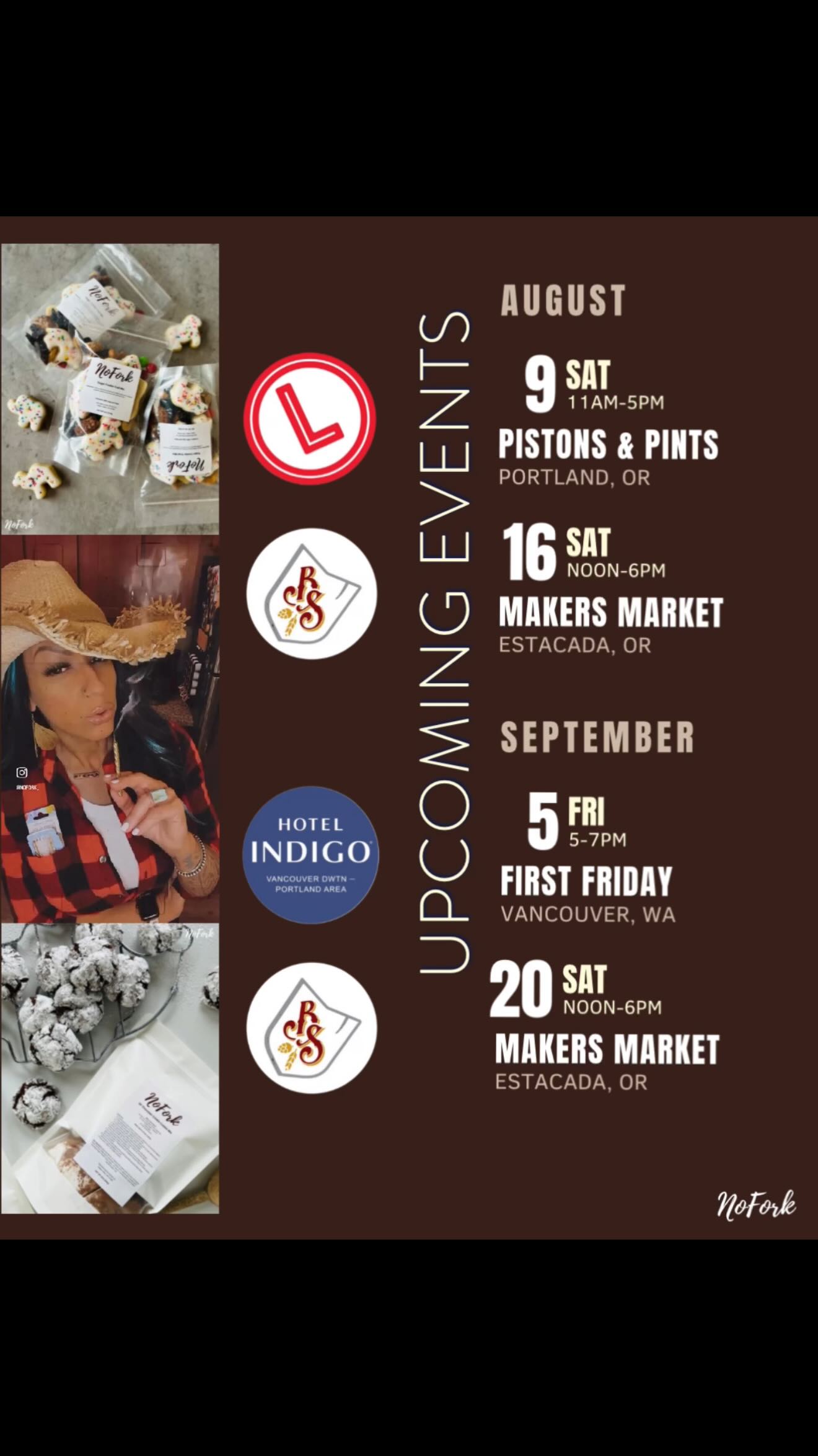 📆 Save the Date! Details Below👇🏽
Nothing says summer like events!☀️Bask in the sun, community, dessert🙋🏻♀️ & fun by visiting NoFork at our upcoming events!
PISTONS & PINTS 🏁
@levelbeer & @checs1956 Presents @pistonsandpintspdx
⌚️August 9th; 11am-5pm
📍5211 NE 148th Ave, Portland OR
👉🏼 Car Show & Custom Motorcycles, Music, Food & Beer, Vendors, Raffles & Family Friendly
💵Free Entry (unless you’re registering a ride for the show)
BENT SHOVEL MAKERS MARKET 🍺
Outdoor Beer Garden @bentshovelbrewing, Family & Dog Friendly
⌚️August 16th & September 20th; Noon-6pm
📍 20189 S Springwater Rd, Estacada, OR
👉🏼 Beer & Cider, Food, Vendors & Mt.Hood Views 👀
💵Free Entry
FIRST FRIDAY Artwalk Summer Series 🎨
@hotelindigo_vancouver_wa & @theliquorcabinet_vancouver & @poplocalvancouver Presents
⌚️September 5th; 5-7pm
📍550 Waterfront Way, Vancouver WA
👉🏼 Beverages, Art, Music, Vendors
💵 Free Entry!
#nofork #celebratingmadeeasy #eatwithyourhands #summermarkets #noutensilsrequired #supportlocal #custombakery