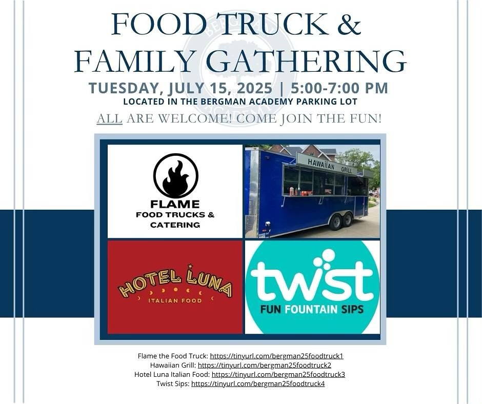 TOMORROW NIGHT - Tuesday, July 15th, 5-7 pm
Hoping to see all of you (plus friends, family and neighbors) at our annual food truck event!
Four awesome vendors with delicious options for all! Let’s fill the parking lot with community and connection!