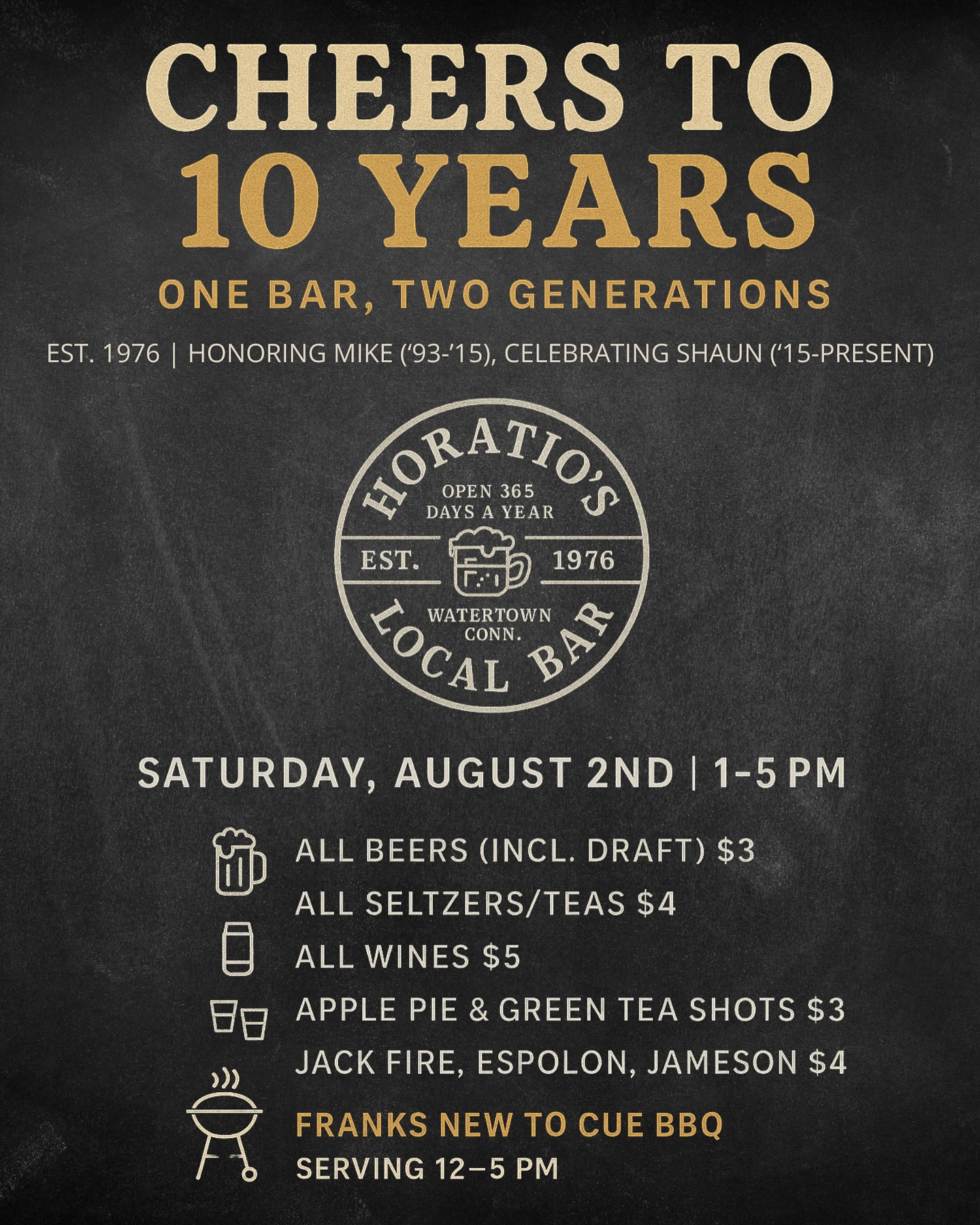 Join us August 2nd to remember and celebrate the last 32 years of Horatios! My father Mike Nardella bought Horatio’s in 1993 and ran it for 22 years. He passed away 10 years ago in July and I took over. It’s an anniversary that comes bittersweet to me.
I love the relationships I’ve built over the past 10 years with customers, employees, and people I only met once that soon became regulars. To be able to provide a place that people can come and enjoy time with their friends, or by themselves, was always special to me.
My father’s death taught me that life can be short, but his life taught me the importance of enjoying it with friends and family and giving back whenever you can. That’s what he built Horatio’s around. A place where a complete stranger can walk in and randomly befriend the person next to them and go on to form a lifelong friendship.
These are the reasons I love what I do, not because it comes without stress or problems, but because of the people you meet along the way and the memories you make. Join us August 2nd to celebrate that!