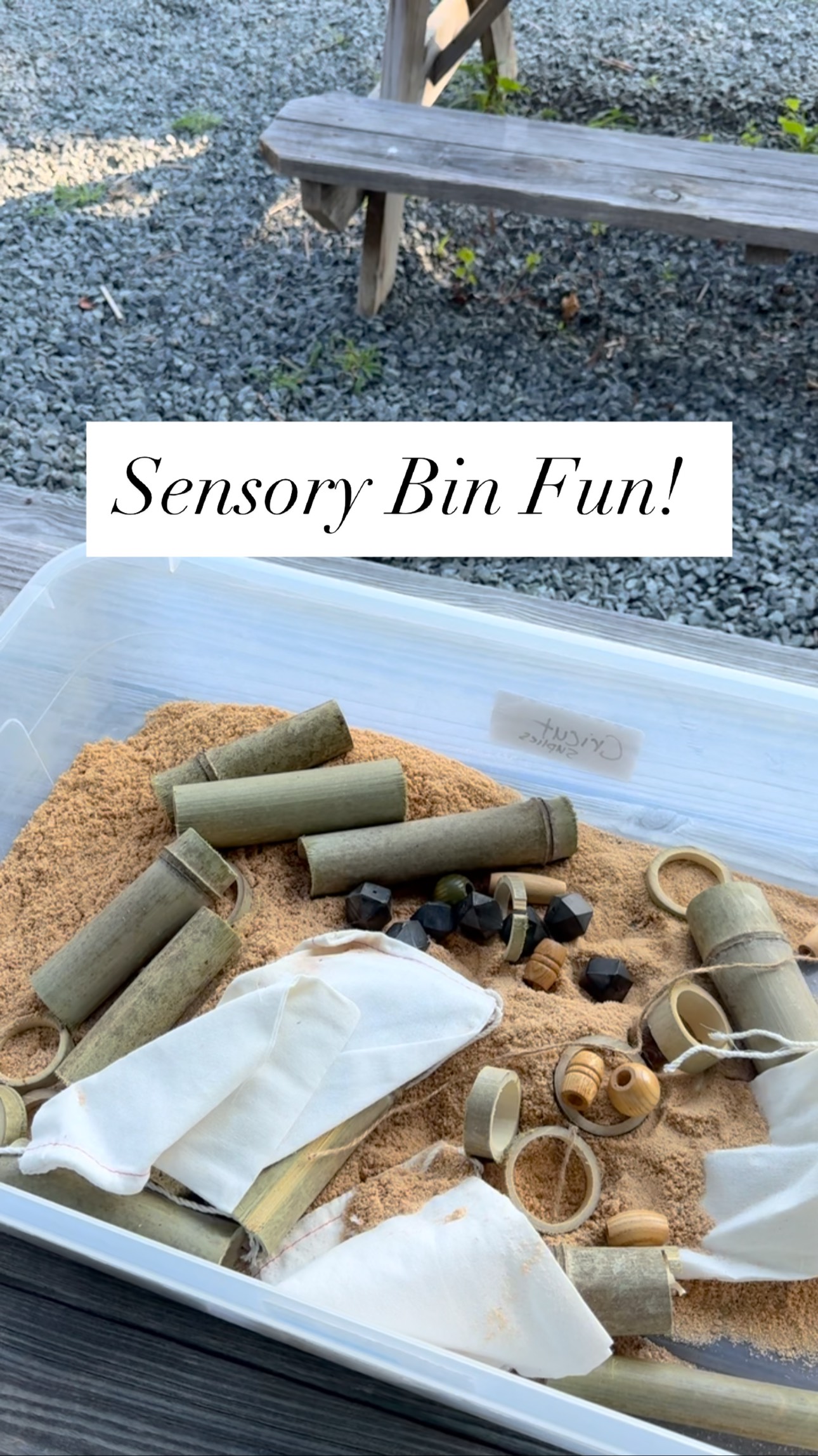 This one went over really well! Sand, bamboo pieces, beads, string, little fabric bags… and a whole lot of imagination.
They were into it wayyyy longer than expected and it fueled a ton of creativity 🙌