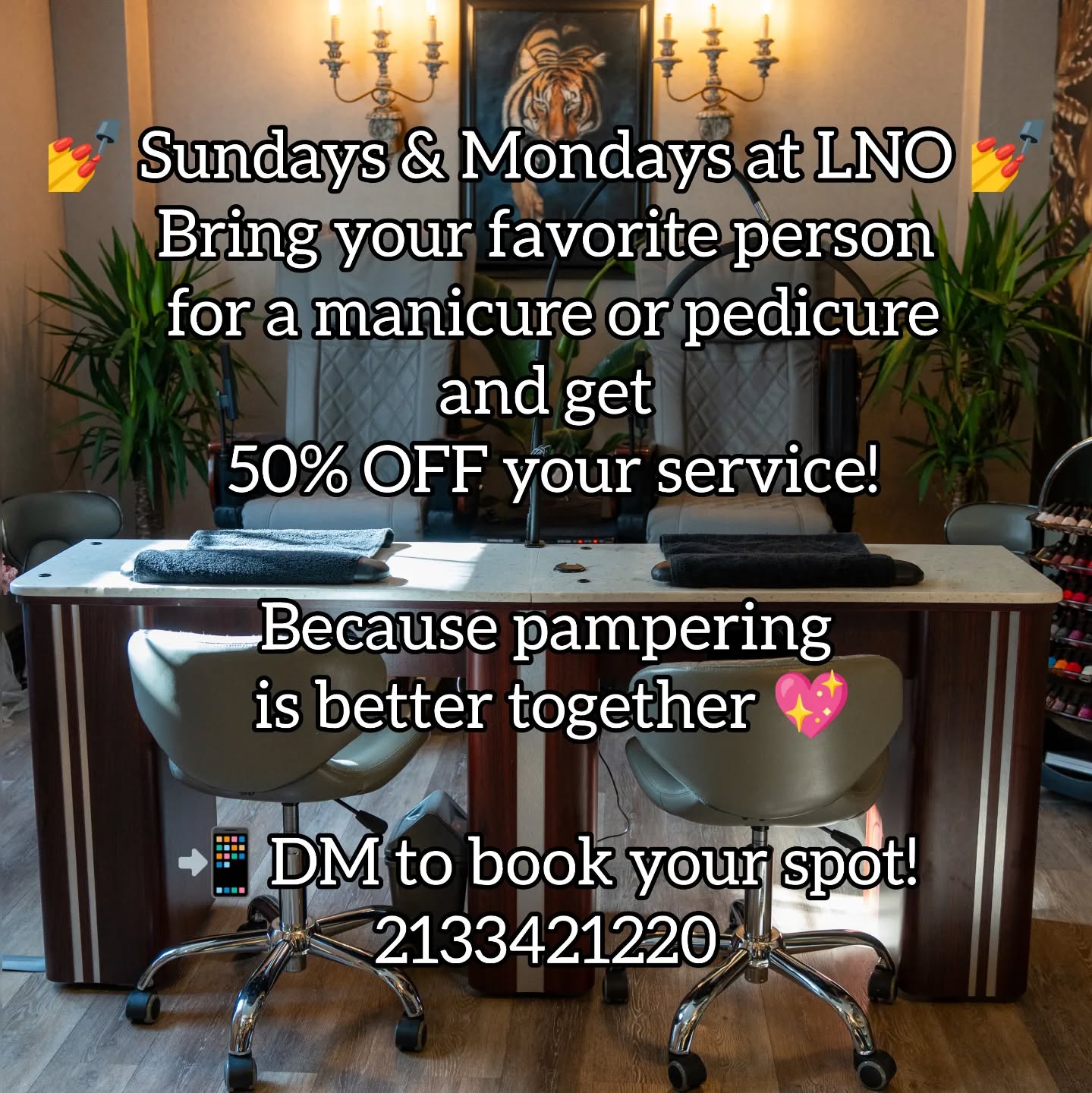 🎉 50% OFF your service! 🎉
Every Sunday & Monday at LNO Skin & Nail Care 💅
Bring your favorite person for a manicure or pedicure
and enjoy this special offer together 💖
Because pampering is better when shared ✨
Tag your bestie, mom, daughter — whoever you love relaxing with!
📲 DM us to book or text: 213-342-1220
📍 LNO Skin & Nail Care
#LNOcare #SpaPromo #50PercentOff #NailDeals #ManiMonday #SelfCareSunday #PamperTogether #ColoradoNails
#lno_boutique #NailArtFun
#pedicure